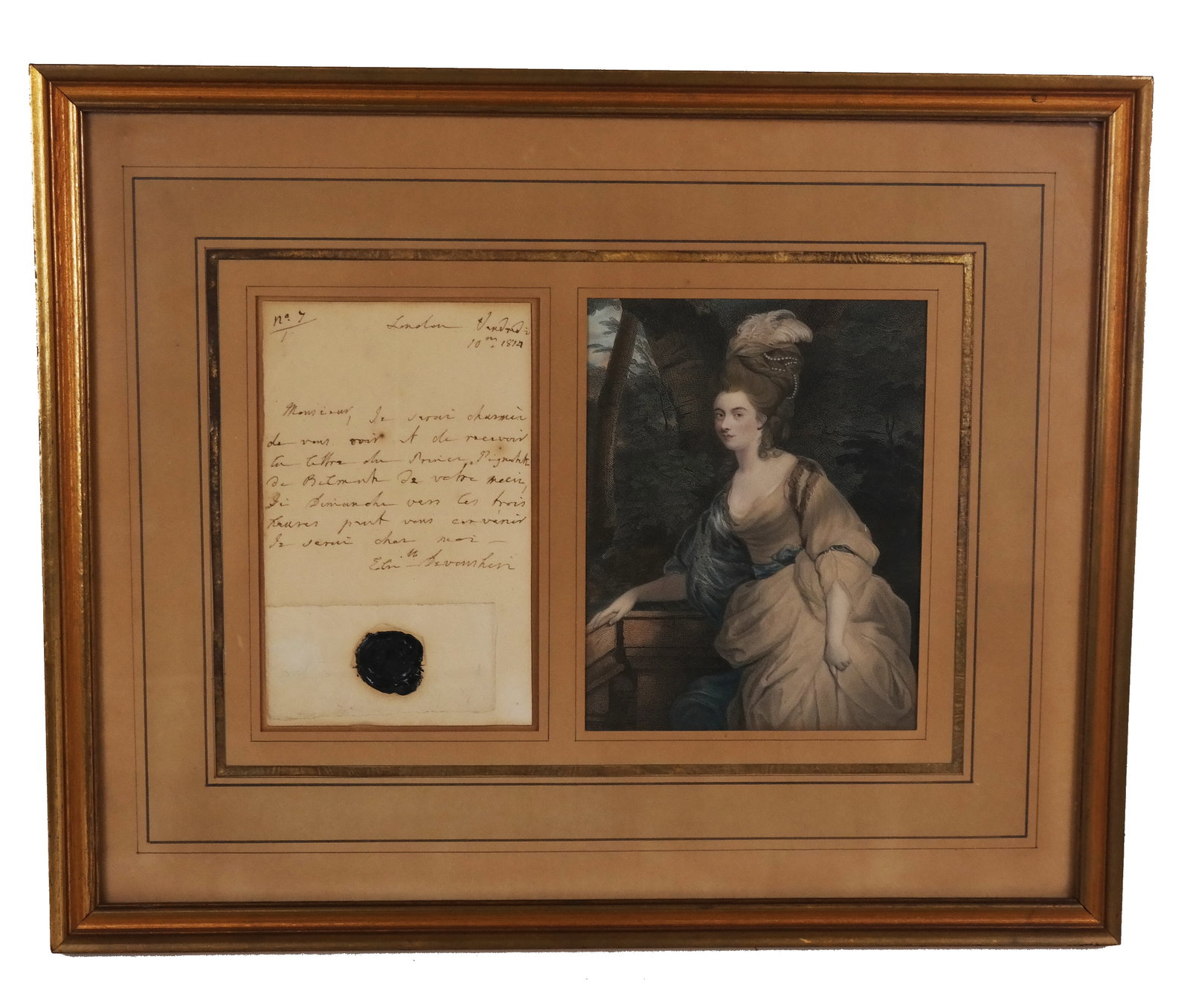 E. Cavendish, Duchess of Devonshire Signed Letter: Signed letter from Elizabeth Cavendish, Duchess of Devonshire (1758?1824), signed Elis. de Devonshire, written in French and dated London, Friday, 10th [month] 1819, addressed to an unidentified recip