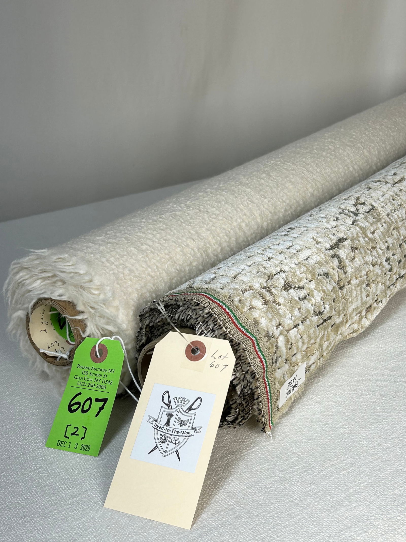 Italian Modern Velvet And Rogers & Goffigon Wool F: 1) 3 1/4 yards of Italian pebble figured cut and voided viscose blended velvet in ivory, tan and charcoal, 57" width. Design repeats of 13" vertical by 28 1/2" horizontal. In great condition. For upho