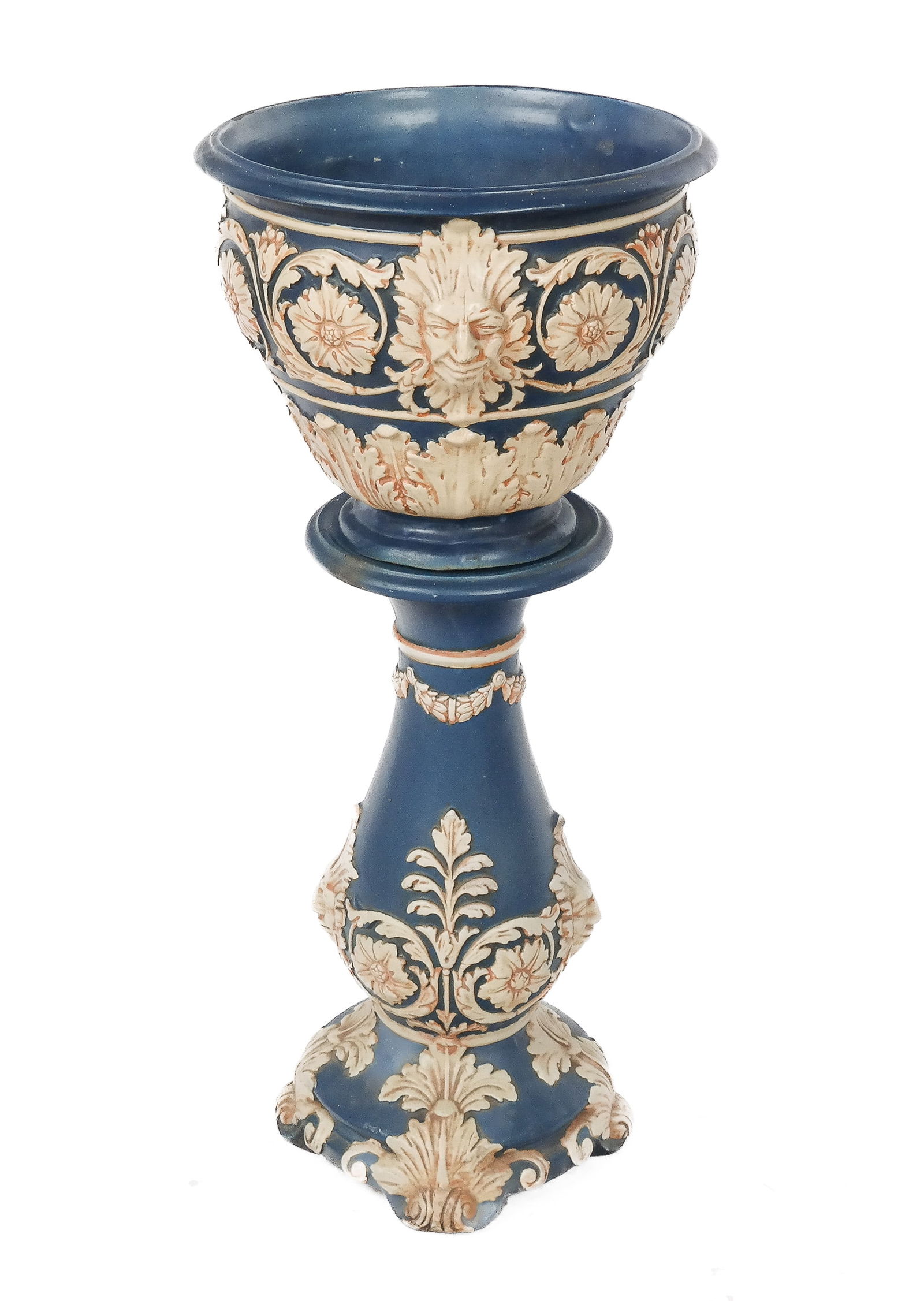 Weller Pottery Jardiniere on Stand: Weller art pottery jardiniere on stand, 1900-1925, Louis XIV-inspired, decorated with sunflowers, acanthus leaves and mascarons in reddish white against blue ground, mark to jardiniere base "Weller".