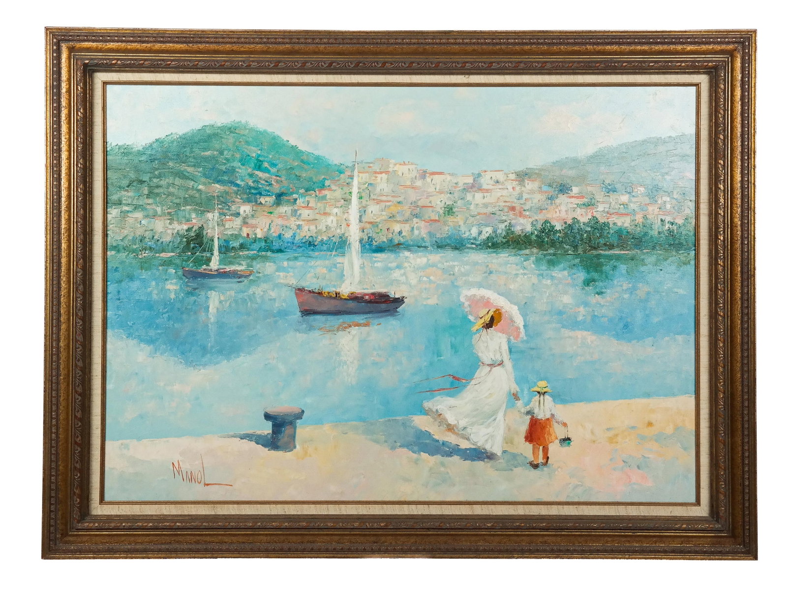 John Adamos MANOL: Woman And Girl - Oil On Canvas: John Adamos Manol (Greek, 1900-1989) oil on canvas painting of a woman and a girl viewing a harbor town scene, signed lower left. [Art: 29" H x 39" W; Frame: 38" H x 47.5" W]. In good condition.