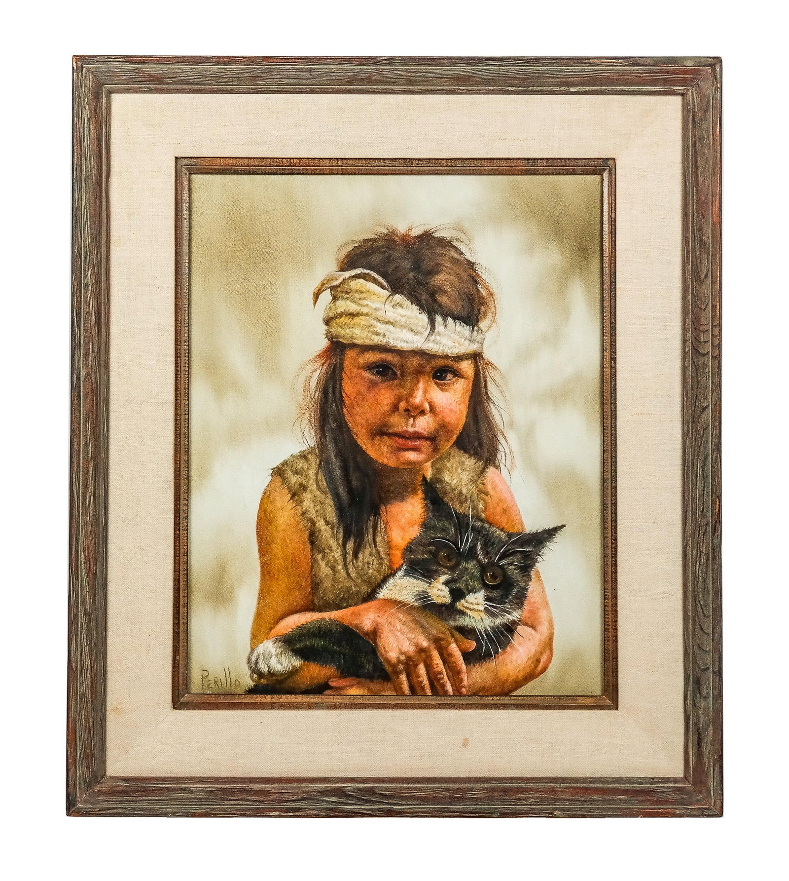 Gregory PERILLO: "Buddies" - Oil On Canvas: Gregory Perillo (American, 1927-2021) oil on canvas painting depicting a Native American boy and cat, signed lower left, titled "Buddies" on back. [Art: 19.5" H x 15.5" W; Frame: 28" H x 24" W].