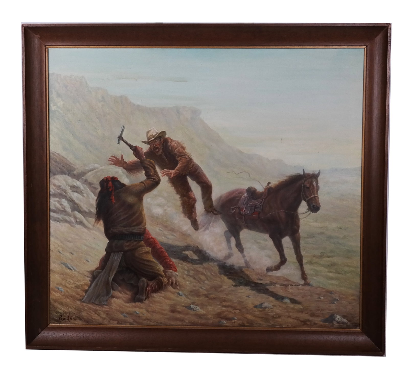 Gregory PERILLO: "Desperate Leap" - Oil On Canvas: Gregory Perillo (American, 1927-2021) oil on canvas depicting a cowboy leaping from a horse, signed lower left. [Art: 31.5" H x 36" W; Frame: 36.5" H x 41" W].
