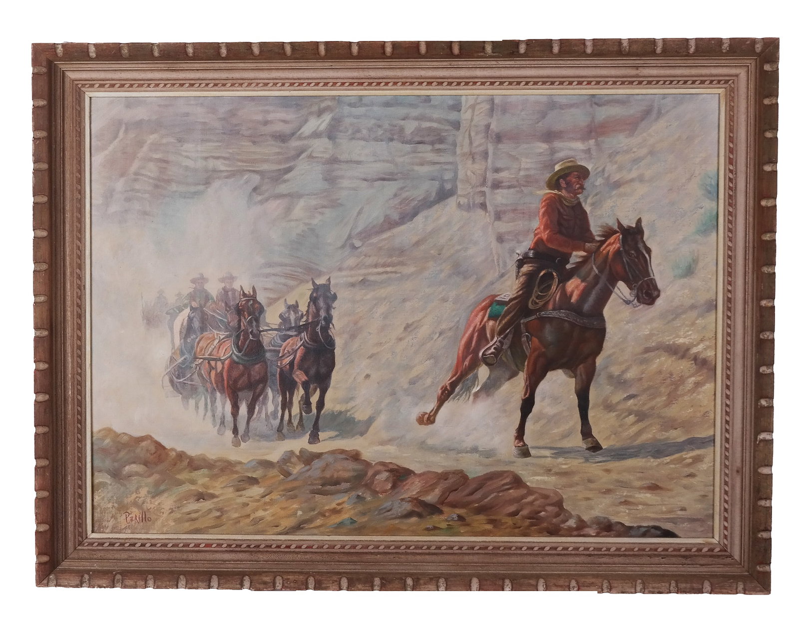 Gregory PERILLO: "The Scout" - Oil On Canvas: Gregory Perillo (American, 1927-2021) oil on canvas painting depicting a cowboy on a horse leading a charge of horses and cowboys, signed lower left. [Art: 23" H x 33" W; Frame: 29" H x 39" W].