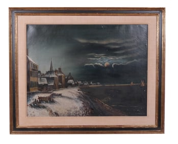 Moonlit Winter Scene - Oil On Canvas