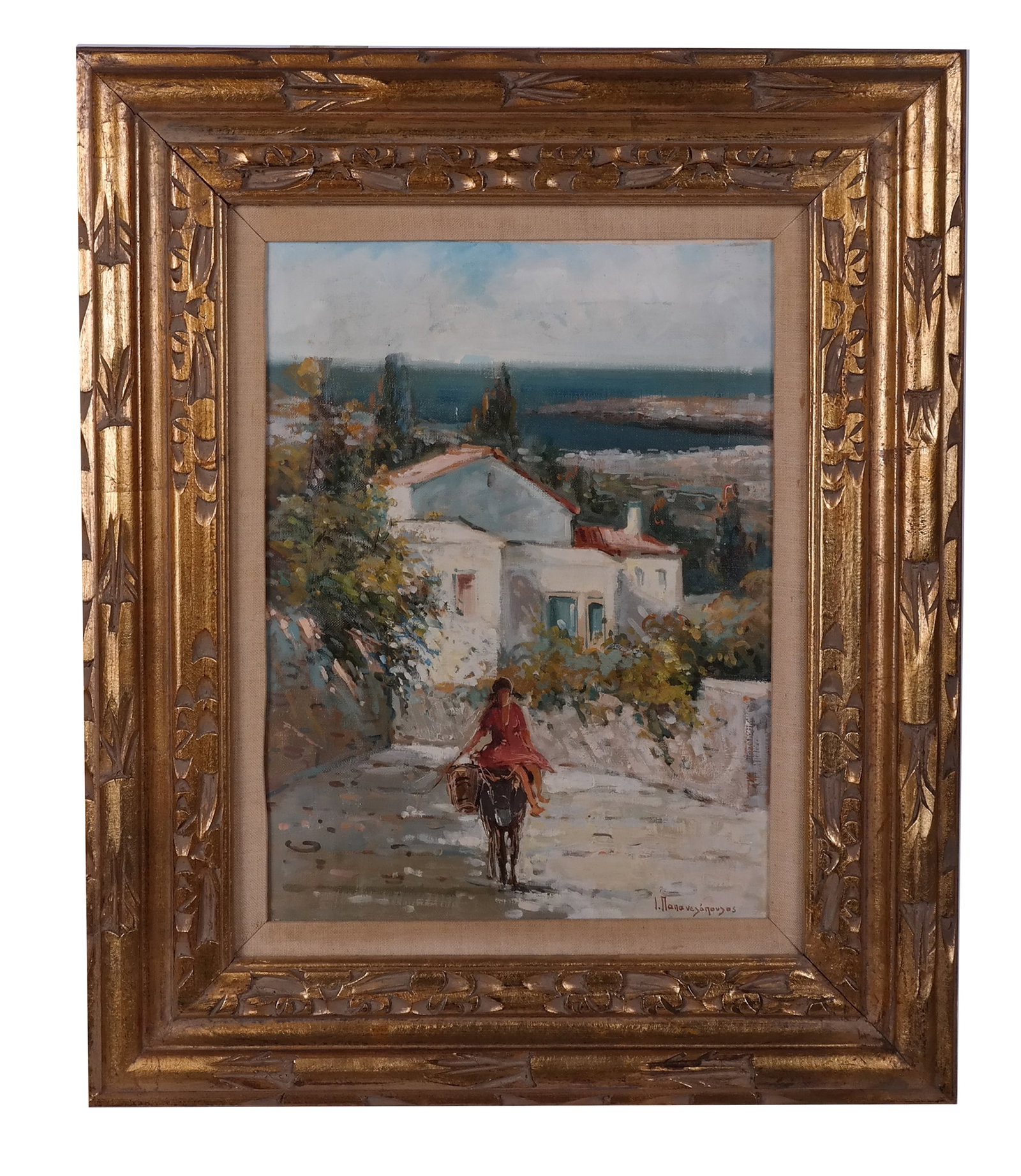 Yiannis PAPANELOPOULOS Oil on Canvas: Yiannis Papanelopoulos (Greek, born 1936) oil on canvas depiction of a figure on a horse in a Greek coastal village, inscribed "Atevi" on back, signed lower right. [Art: 15" H x 11" W; Frame: 24" H x 