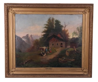 Tobias GRIESER: Farm Scene - Oil On Canvas