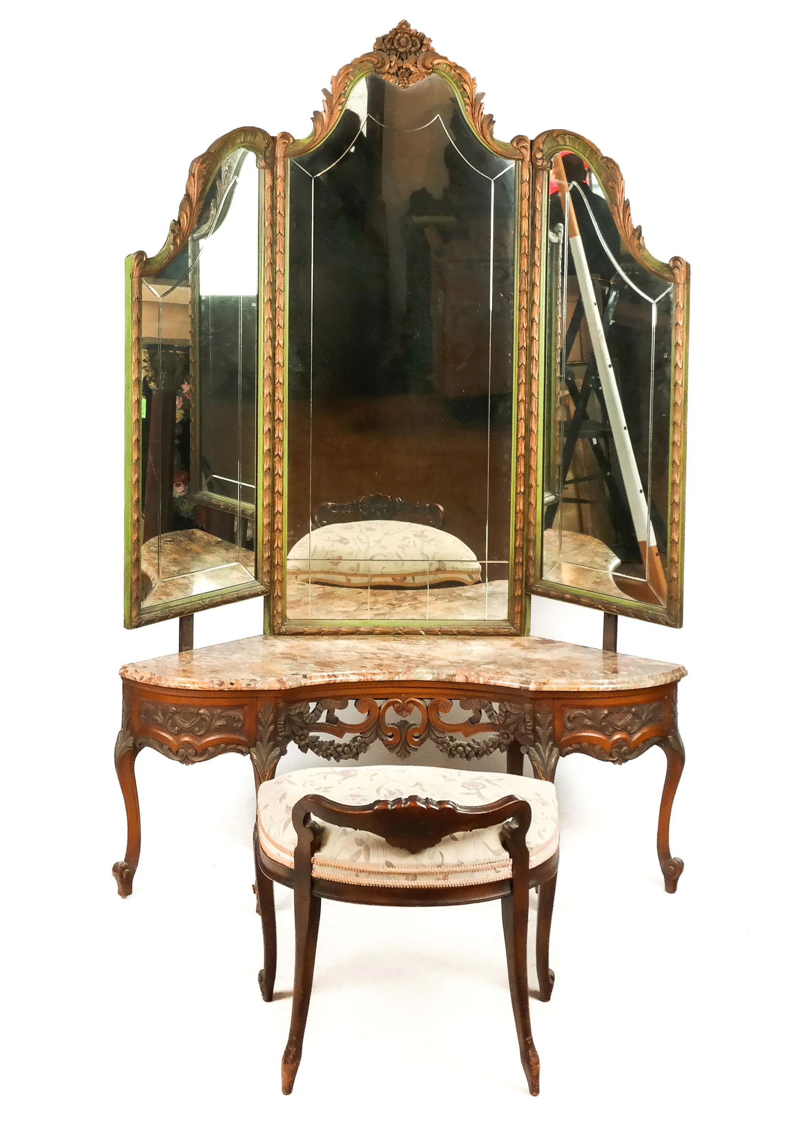 Louis XV Three Mirrored Vanity with Bench (1 of 12)