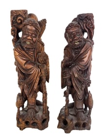 Chinese Pair Carved Wood Figures of Li Tieguai