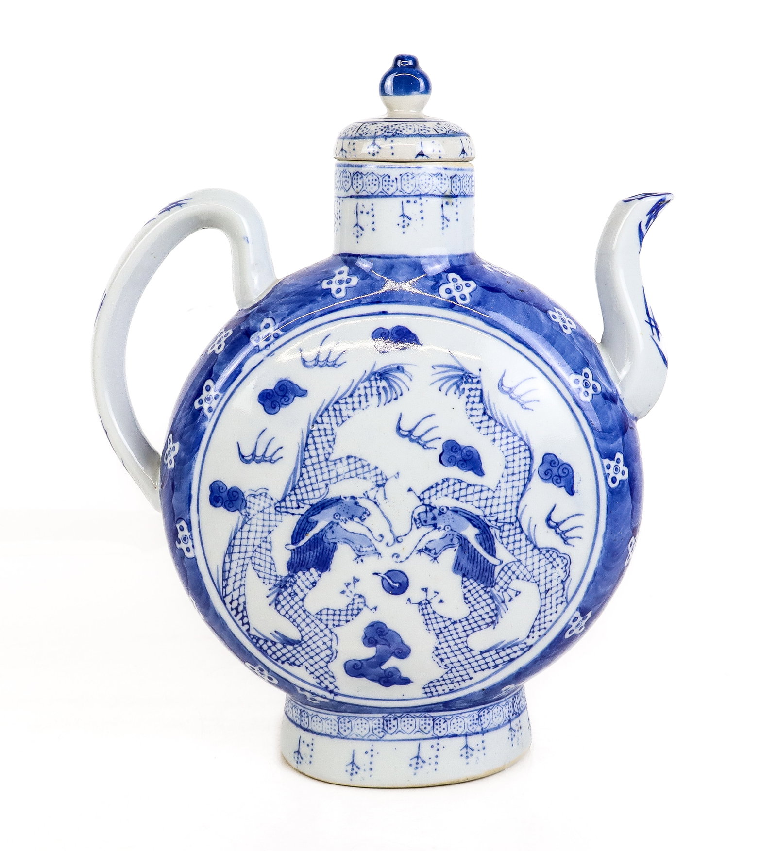 Chinese Porcelain Teapot: Chinese porcelain teapot, later 20th century, with hand-painted and transfer decoration and marked apocryphally to base. [12.5" H x 10" W x 4" D]. Condition is good.