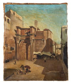 Antique Oil On Canvas - Market Street Scene