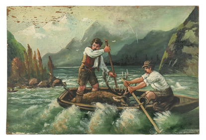 Men In Boat In Landscape - Oil On Board