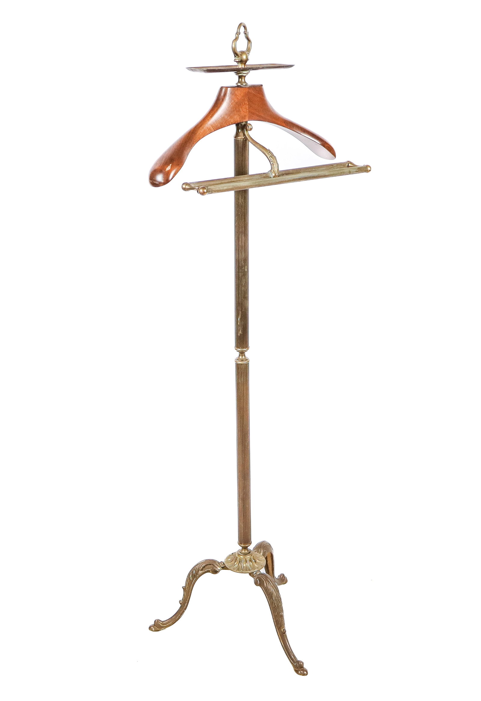 Brass and Mahogany Silent Valet: Brass and mahogany silent valet, 20th century, with a brass tray to upper, pant and coat wrack, and acanthus decorated tripod base. [53" H x 19" W x 16" D]. Condition is good with some patina and wear
