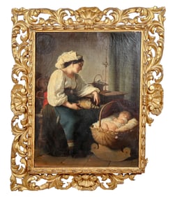 Italian School: Woman And Child - Oil On Canvas