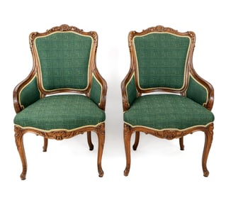 Louis XV Carved and Upholstered Bergeres, Pair