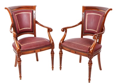French Empire Leather and Mahogany Armchairs, Pair