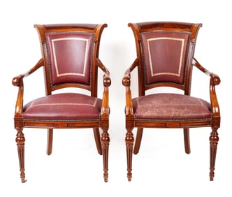 French Empire Leather and Mahogany Armchairs, Pair