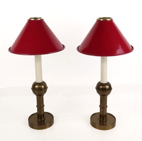 French Brass and Tole Painted Candle Lamps, Pair