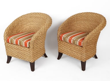 Pair Of Modern Wicker & Bamboo Bergeres