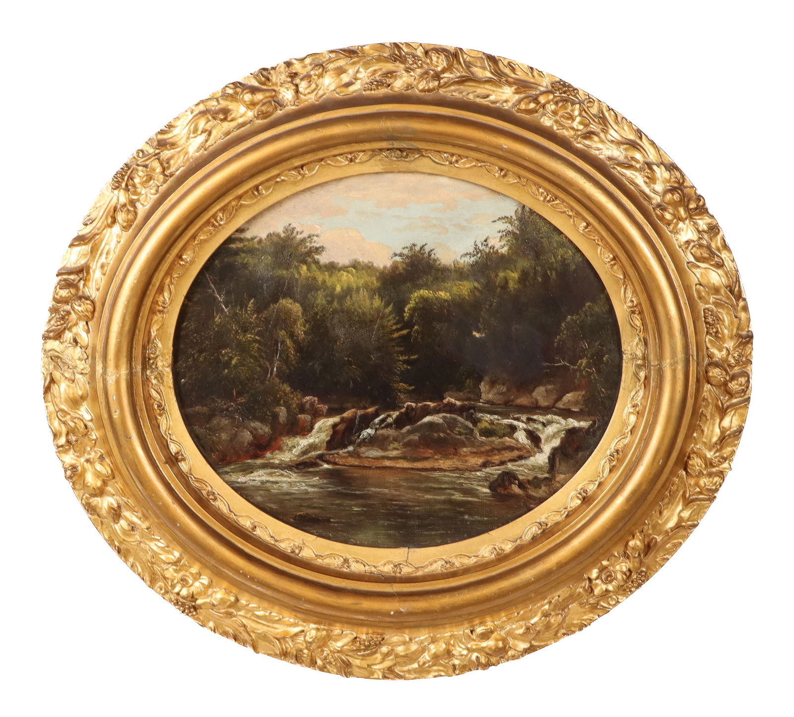 Antique Oval Framed Oil on Canvas Creek Landscape: Antique oval gilt framed 19th/20th century oil on canvas painting depicting a tree-lined creek landscape underneath a colorful cloudy sky. No visible signature, illegible inscription to verso of canva