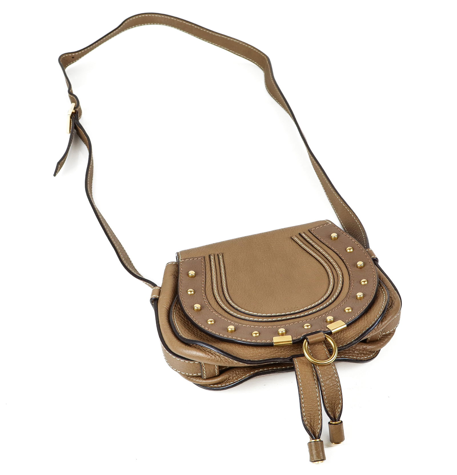 Chloe Marcie Saddle Cross Body Bag, Small: Chloe small Marcie saddle cross body bag, market Chloe at closure, to buckle, with a pocket to exterior below cover, and a pocket to interior, interior stamped Chloe, Made in France. [Less strap: 7" H