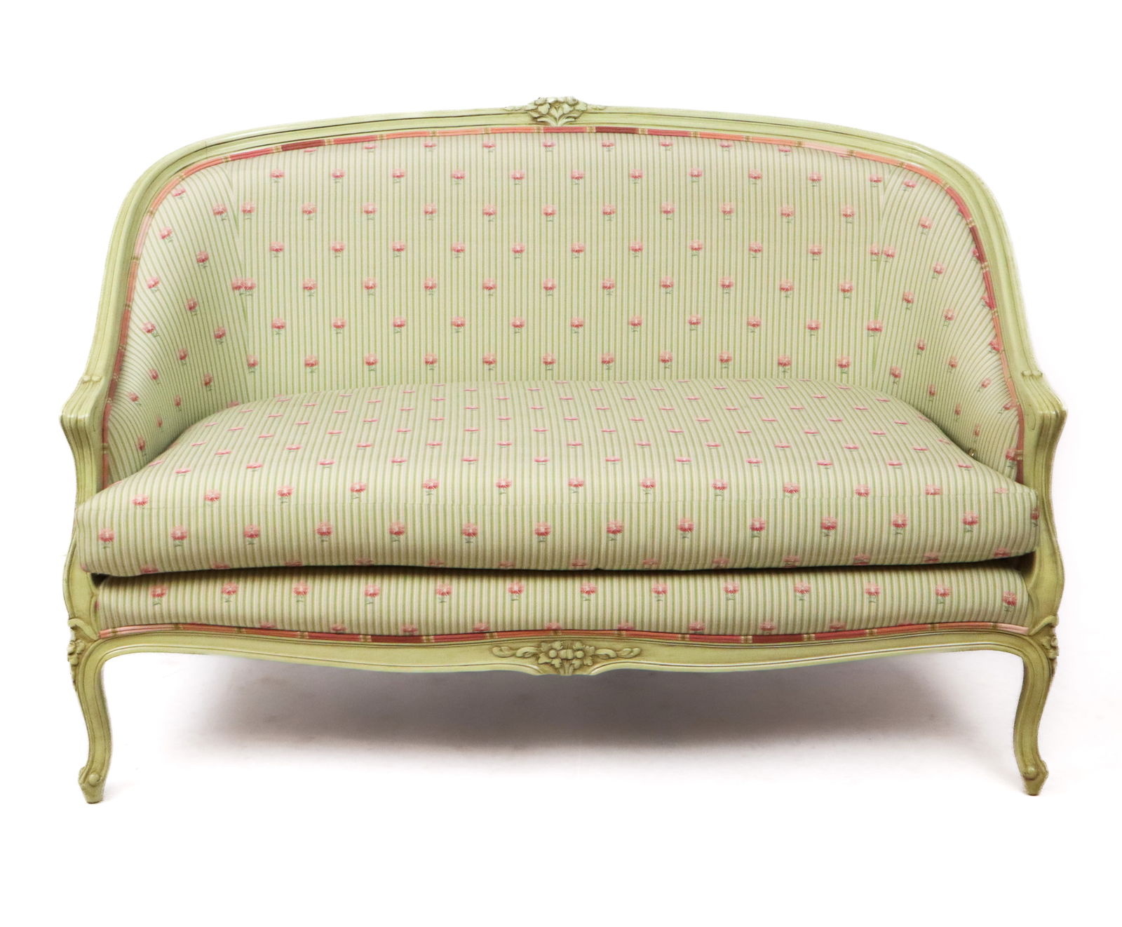 Louis XV Carved and Green Painted Settee: Louis XV green painted and carved settee, 20th century, with floral embroidered upholstery, on four carved cabriole legs. [32" H x 53" W x 27" D; seat height: 18"]. Condition is good.
