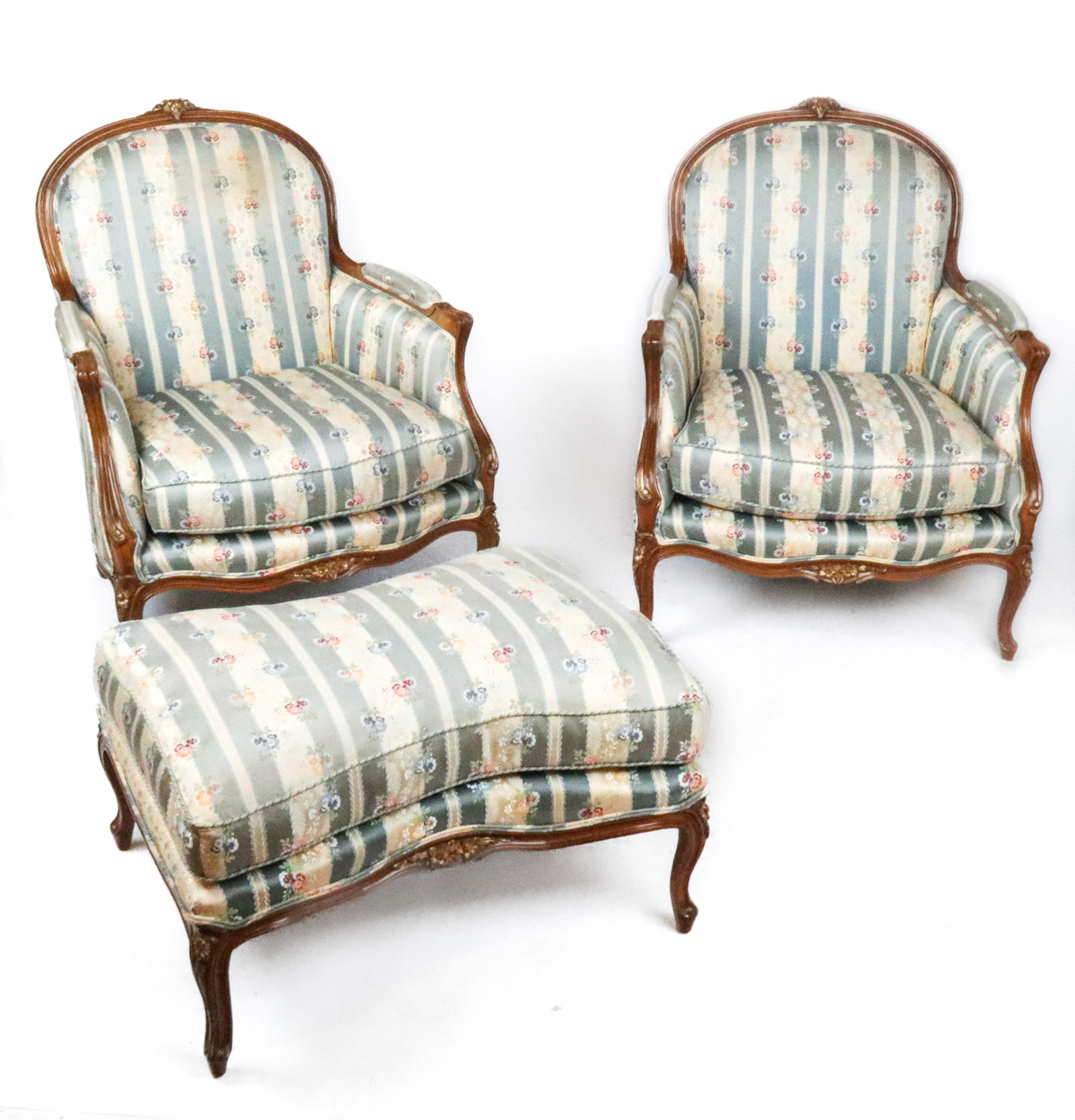 Louis XV Duchesse Brisée: Louis XV carved and upholstered Duchesse Brisée with four carved cabriole legs to each section. [Chairs: 40" H x 31" W x 30" D; seat height: 21"; ottoman: 20" H x 31" W x 25" D]. Condition is good wi