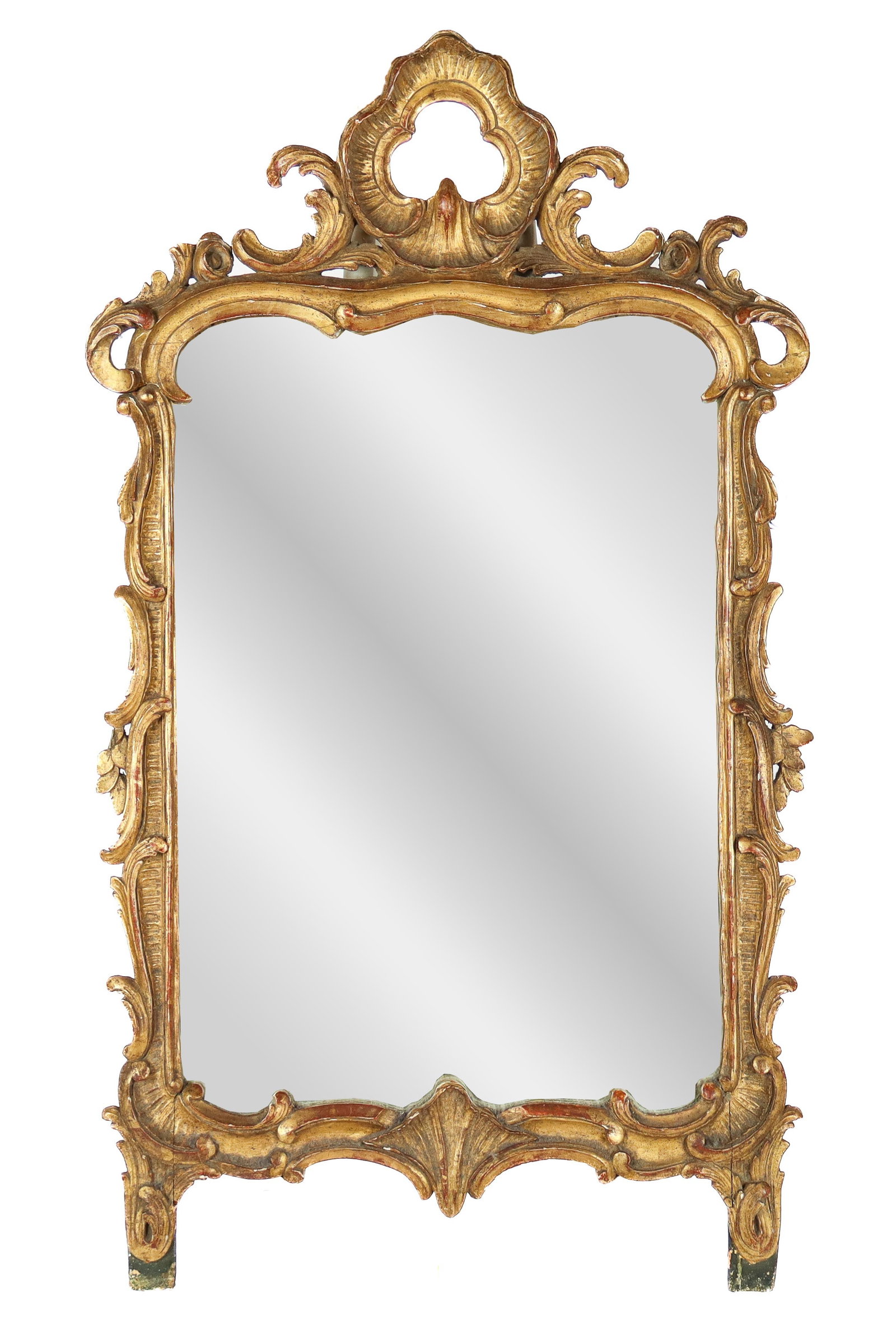 Carved and Giltwood Mirror: Carved and giltwood mirror, 19th century, with a floral decorated frame. [51" H x 29" W]. Condition is fair with losses; glass replaced, formerly mounted to a base.