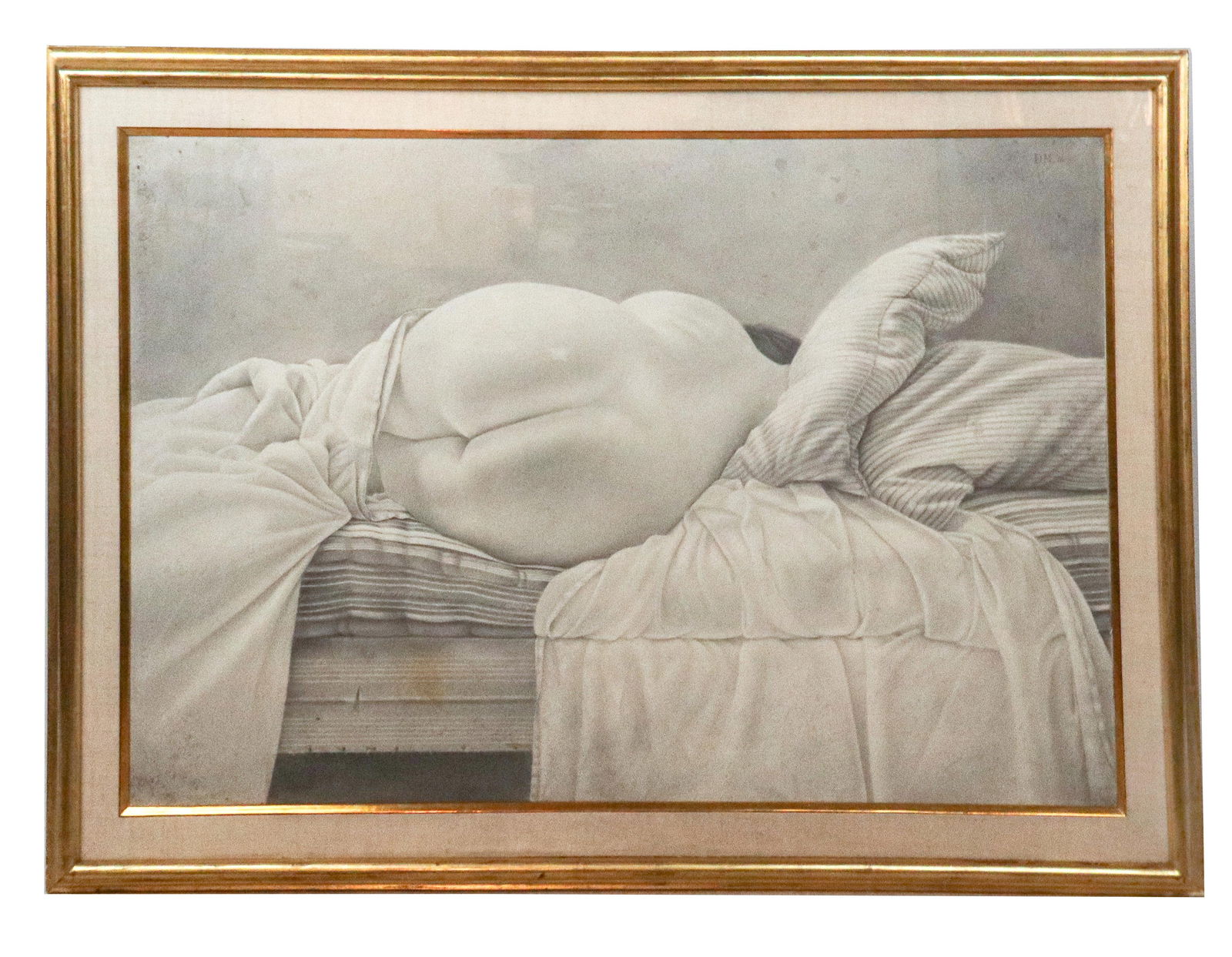 Dario MORALES Watercolor of Nude: Dario Morales (1944-1988) Nude Lying Back with Pillows, pencil and watercolor on paper, initialed upper right DM 76. [Art: 29.5" H x 42.5" W, Frame: 36.75" H x 50" W]. Provenance: Aberbach Fine Art, N