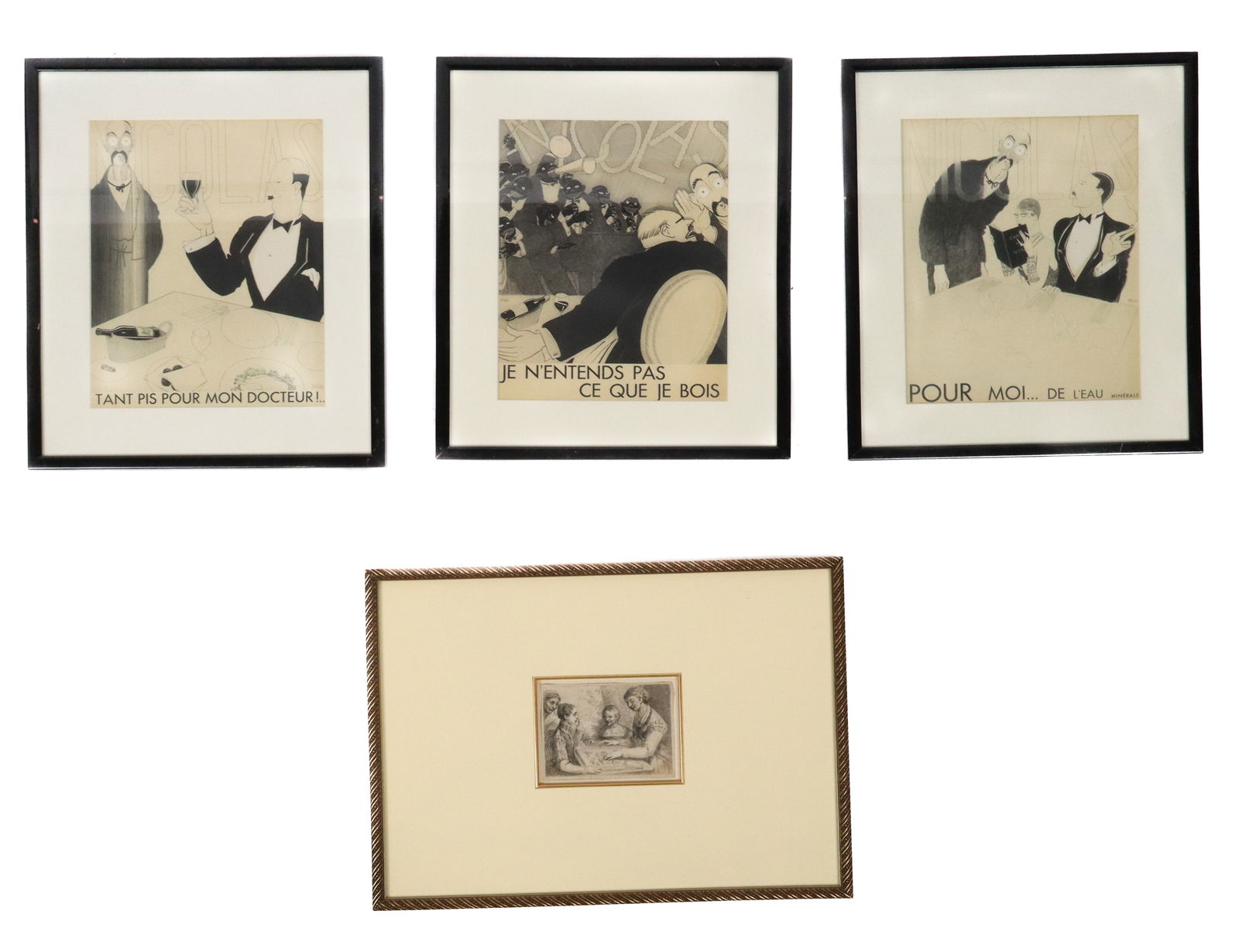 Collection of Four Framed Prints: Collection of four framed prints, including: a suite of three French prints after Paul Iribe (French, 1883-1935) depicting advertising illustrations for the wine importer Nicolas; together with a 20th