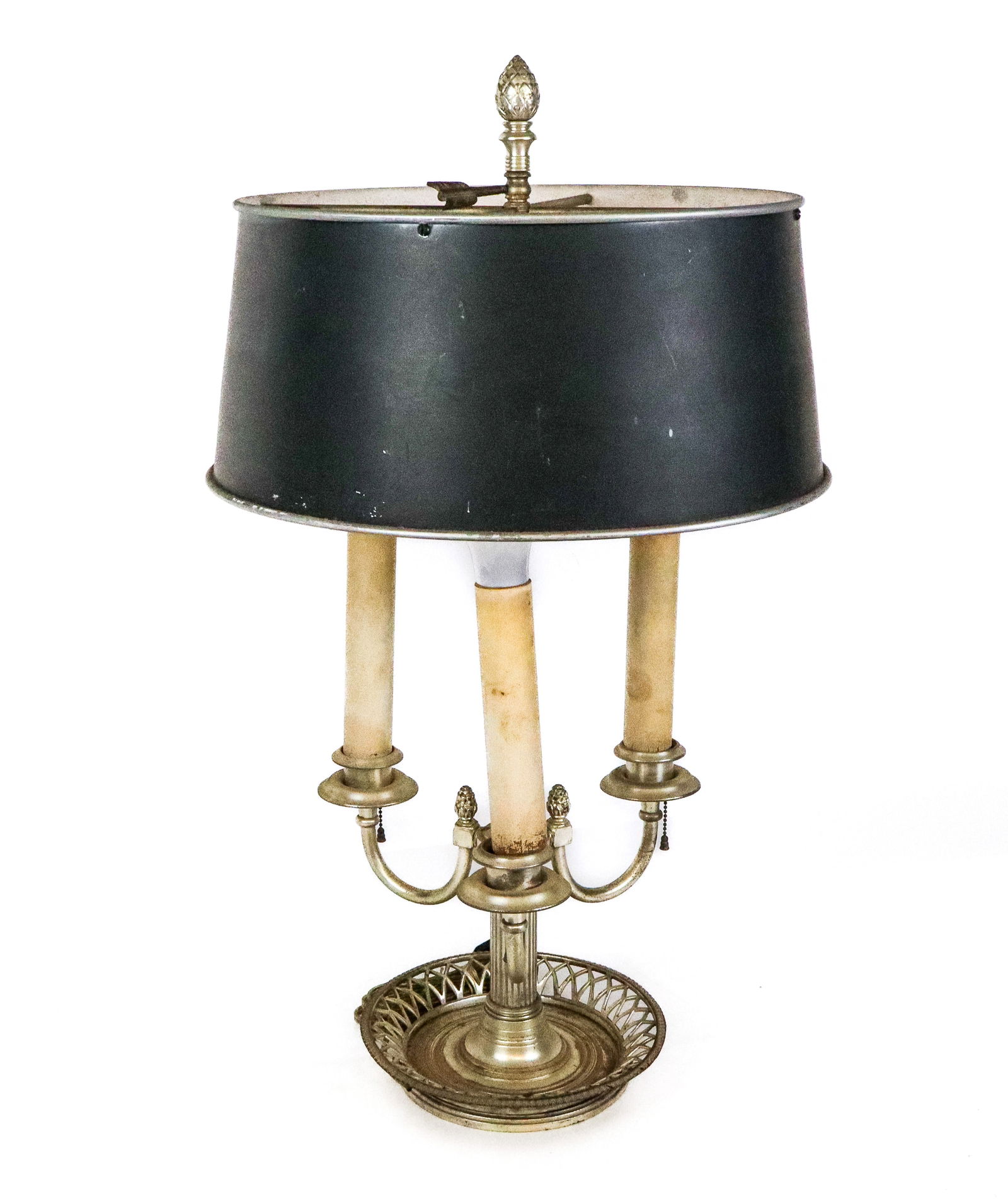 Silvered Metal Bouillotte Lamp: Silvered metal three light bouillotte lamp with painted green tole shade. [24" H x 12.75" Diameter]. Overall condition is fair, with losses to silver, discoloration, cleaning and refurbishing necessar