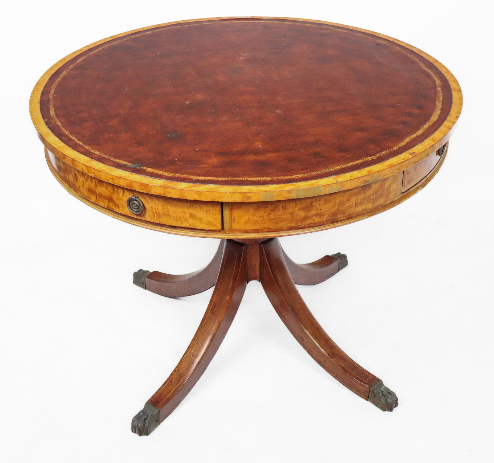 Georgian Oak an Maple Drum Table: Georgian oak and maple drum table with painted faux leather top, late 19th century, with string inlaid legs and hairy paw feet. [28.5" H x 36" Diameter]. Overall condition is fair with losses to top a