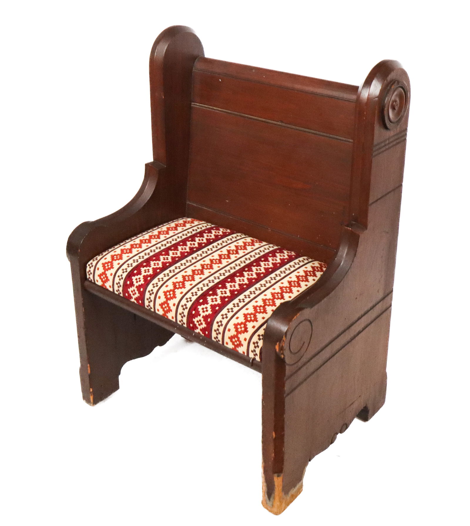 Victorian Carved Church Pew: Victorian carved maple church pew with removable upholstered seat. [37" H x 25" W x 18" D, 18" Height to seat]. Overall condition is good, wear to front base. Estate of Priscilla and Byam K Stevens Jr