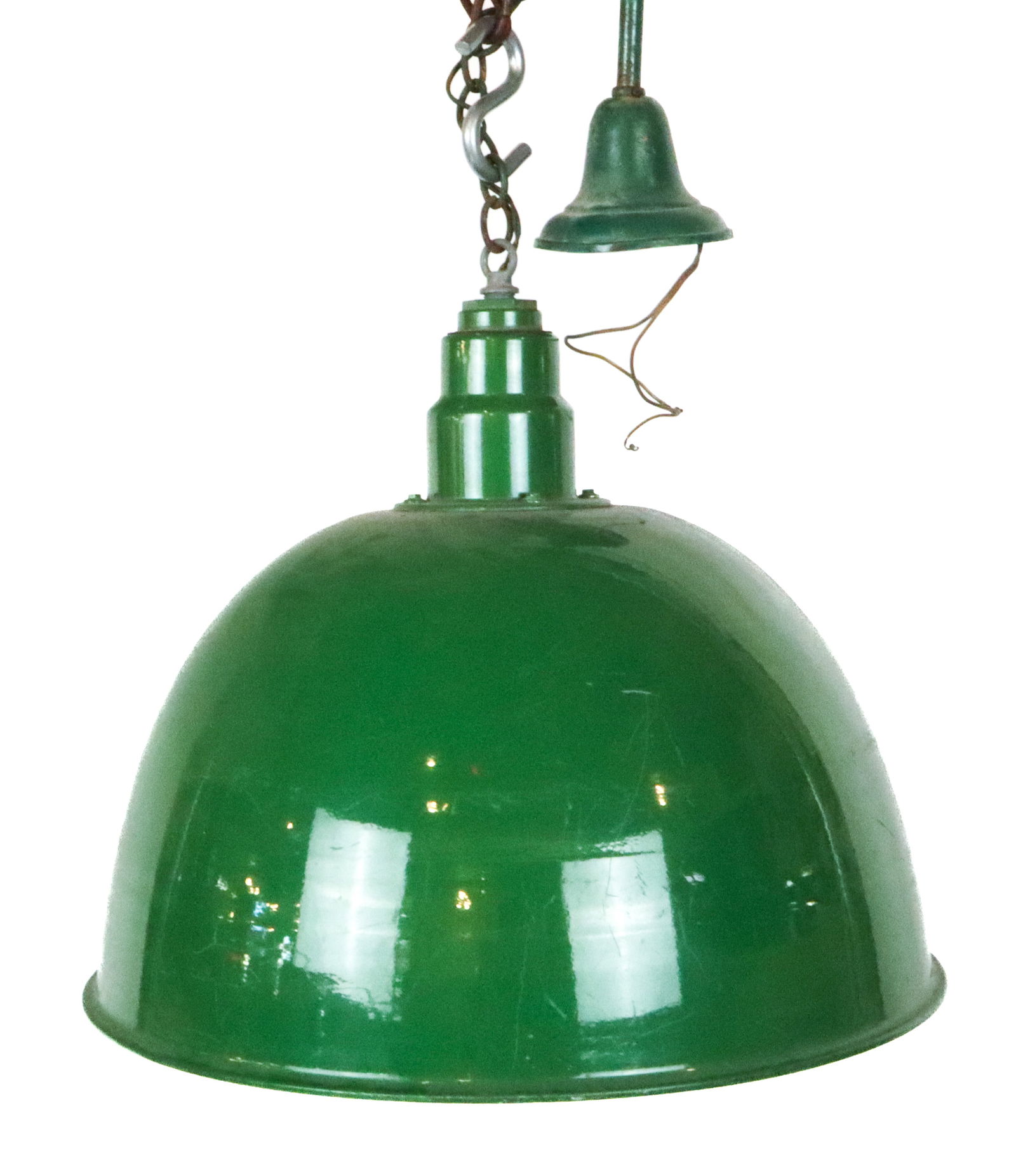 Industrial Green Painted Pendant Lighting Fixture: Industrial green painted metal dome shaped pendant lighting fixture, with white interior. [18" H x 21" Diameter]. Overall condition is fair, with scratches and marks commensurate with wear, not tested