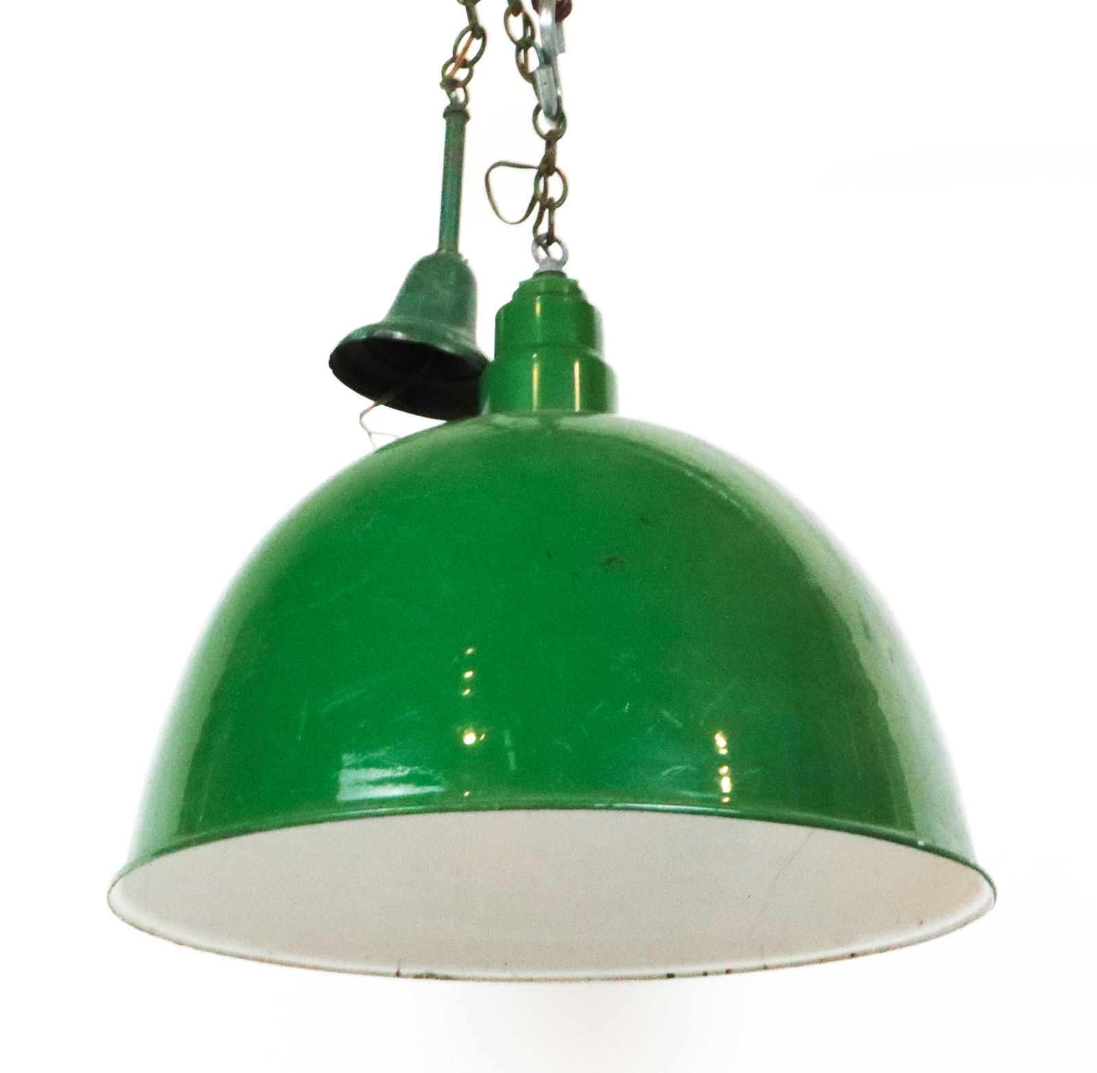 Industrial Green Painted Pendant Lighting Fixture: Industrial green painted metal dome shaped pendant lighting fixture, with white interior. [18" H x 21" Diameter]. Overall condition is fair, with scratches and marks commensurate with wear, not tested