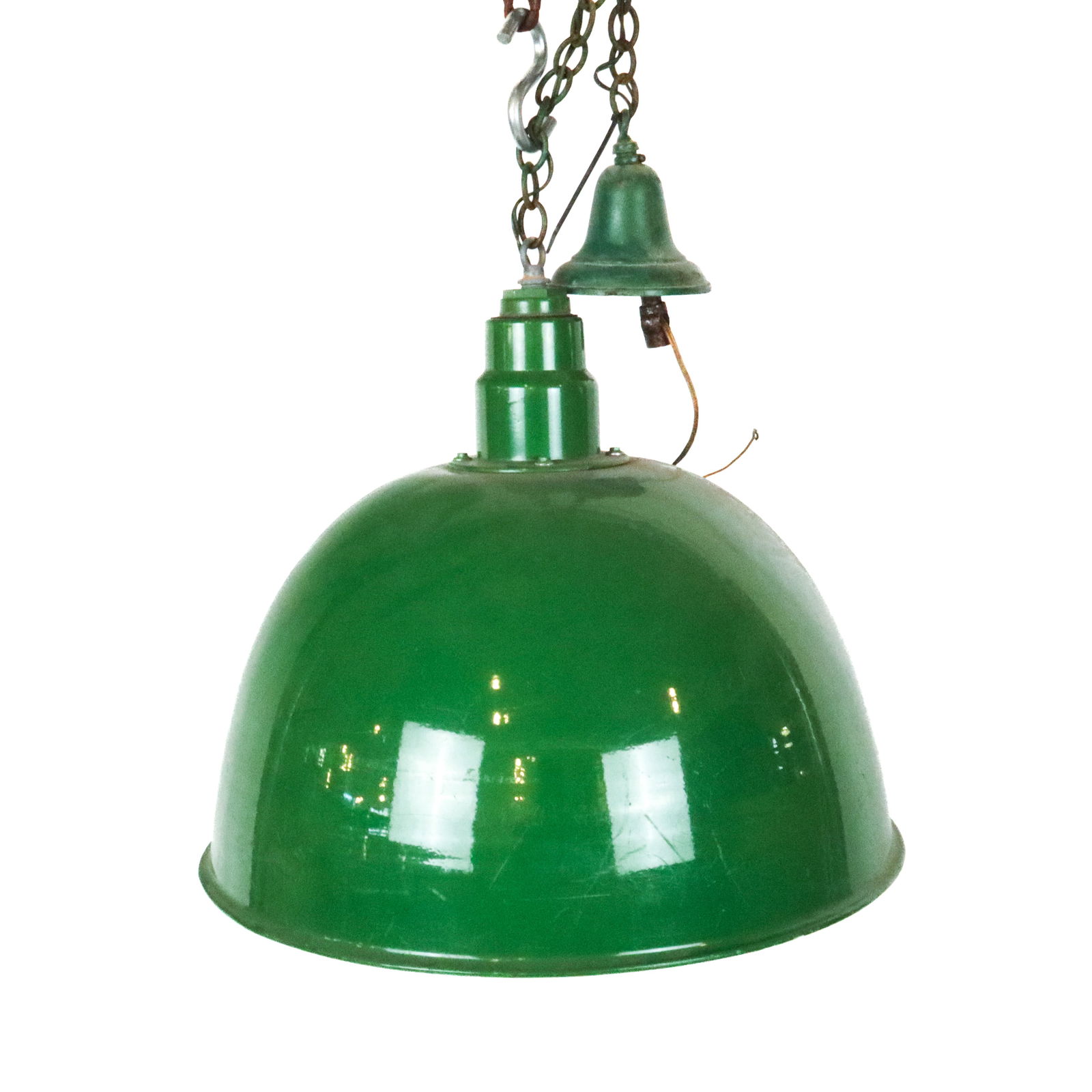 Industrial Green Painted Pendant Lighting Fixture: Industrial green painted metal dome shaped pendant lighting fixture, with white interior. [18" H x 21" Diameter]. Overall condition is fair, with scratches and marks commensurate with wear, not tested