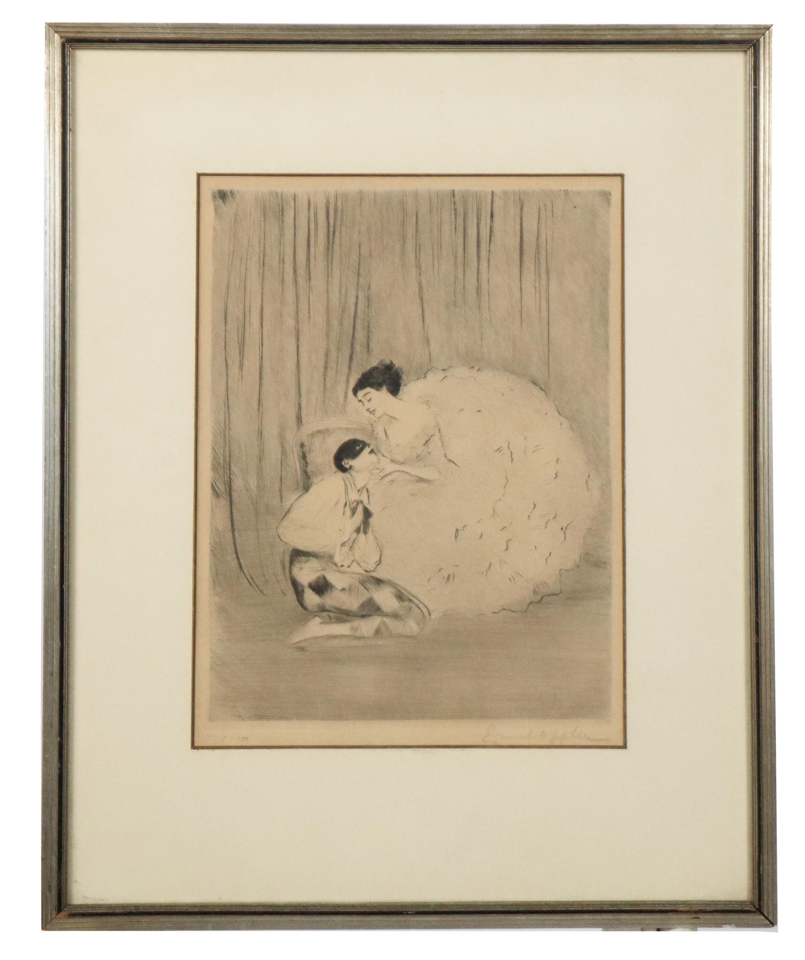 Ernst OPPLER: "Harlekin..." - Dry point Etching: Ernst Oppler (German, 1867-1929) matted and framed original drypoint etching titled "Harlekin and Columbine", late 19th/early 20th century. Pencil signed to margin lower right "Ernst Oppler" and numbe