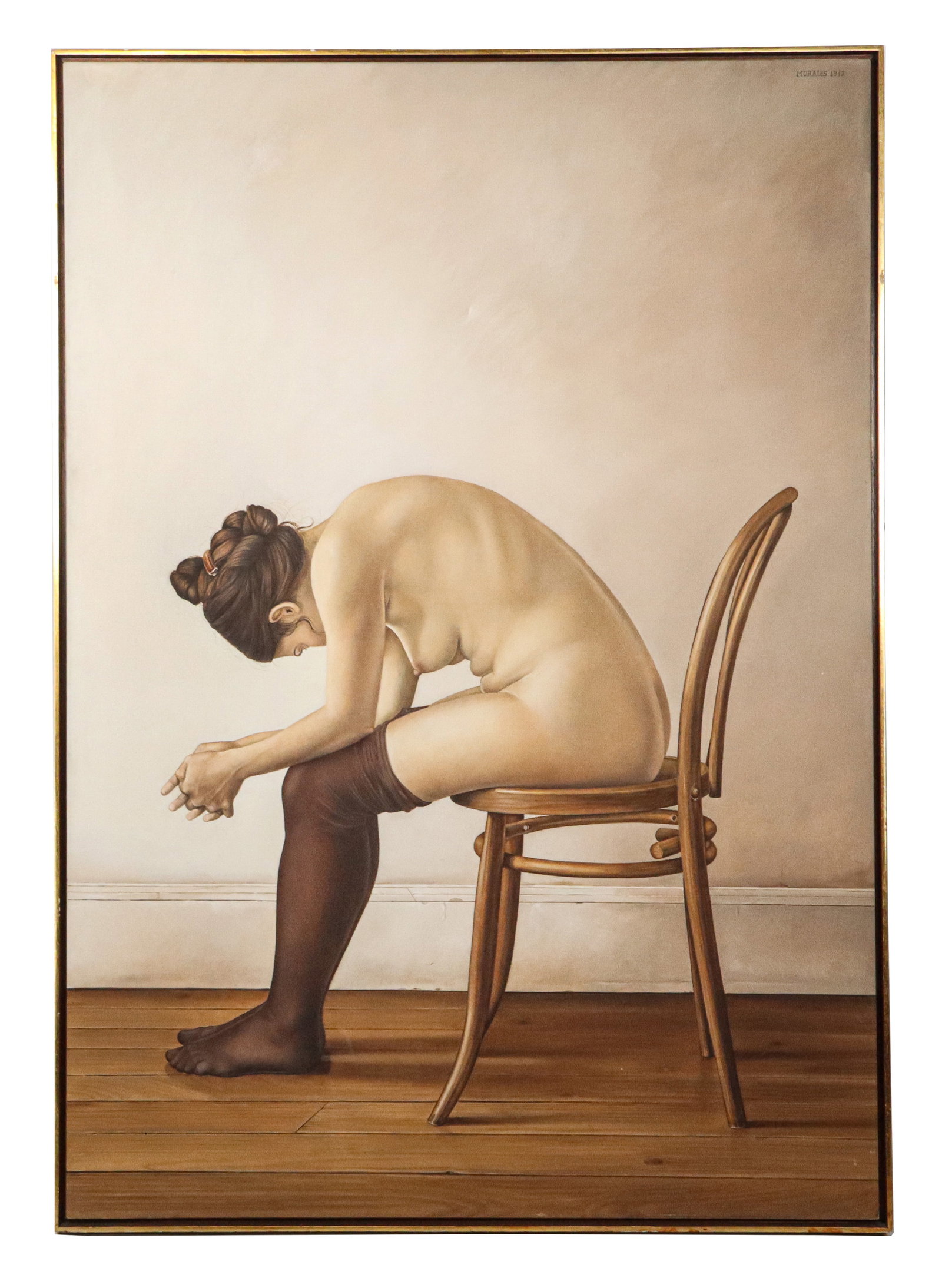 Dario MORALES: "Mujer Sentada" 1972 - Oil/Canvas: Dario Morales (Colombian, 1944-1988) large framed oil on canvas depicting a nude seated woman titled "Mujer Sentada", 1972. Signed and dated upper right "Morales 1972". [Canvas: 63.5" H x 44.5" W; Fra