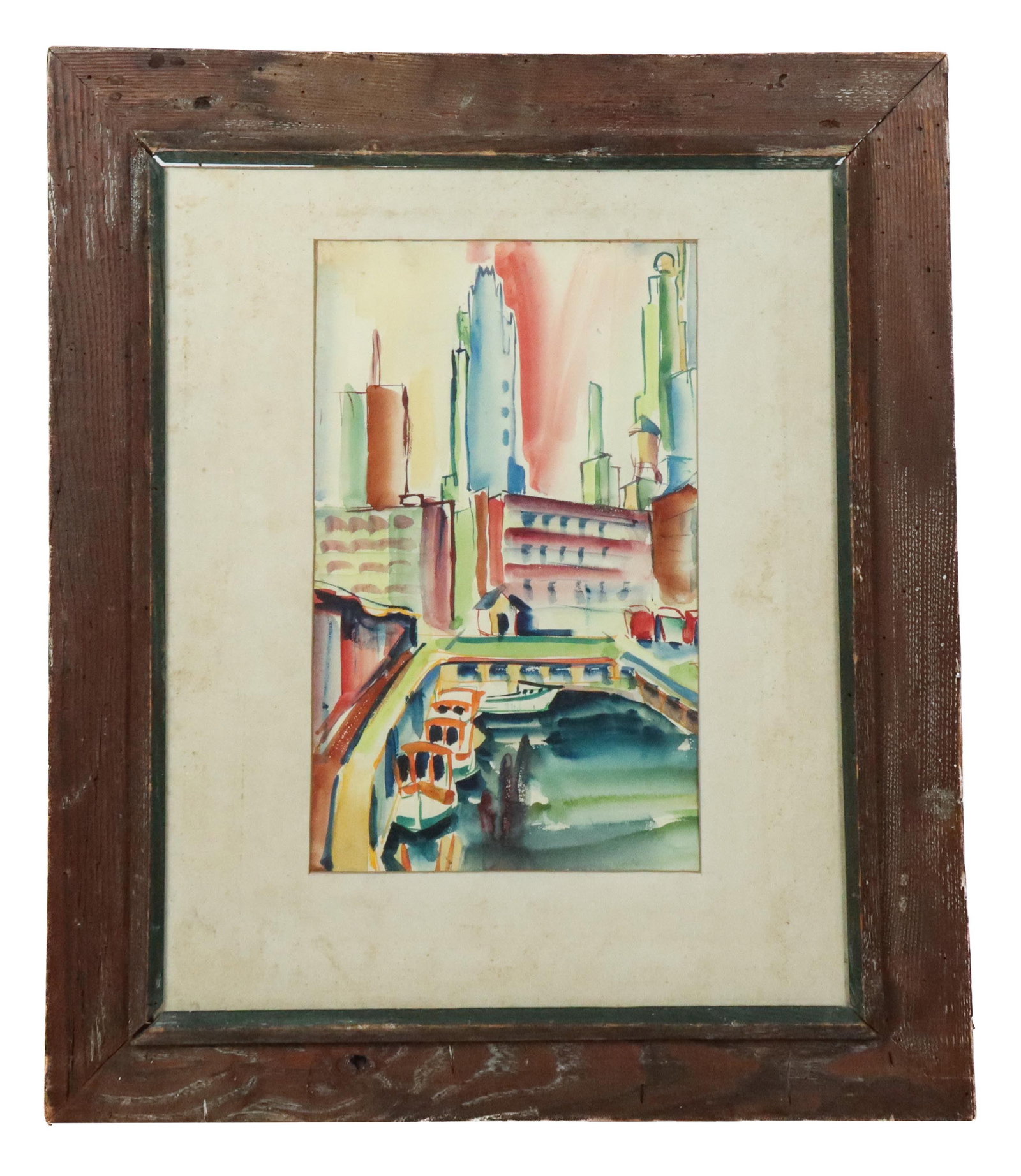 Framed Abstract Cityscape - Watercolor: Abstract watercolor depicting a cityscape with canal, 20th century, contained in antique wooden frame. No apparent signature. [Frame: 30.5" H x 26" W]. Residue, toning, and wear. Frame worn.