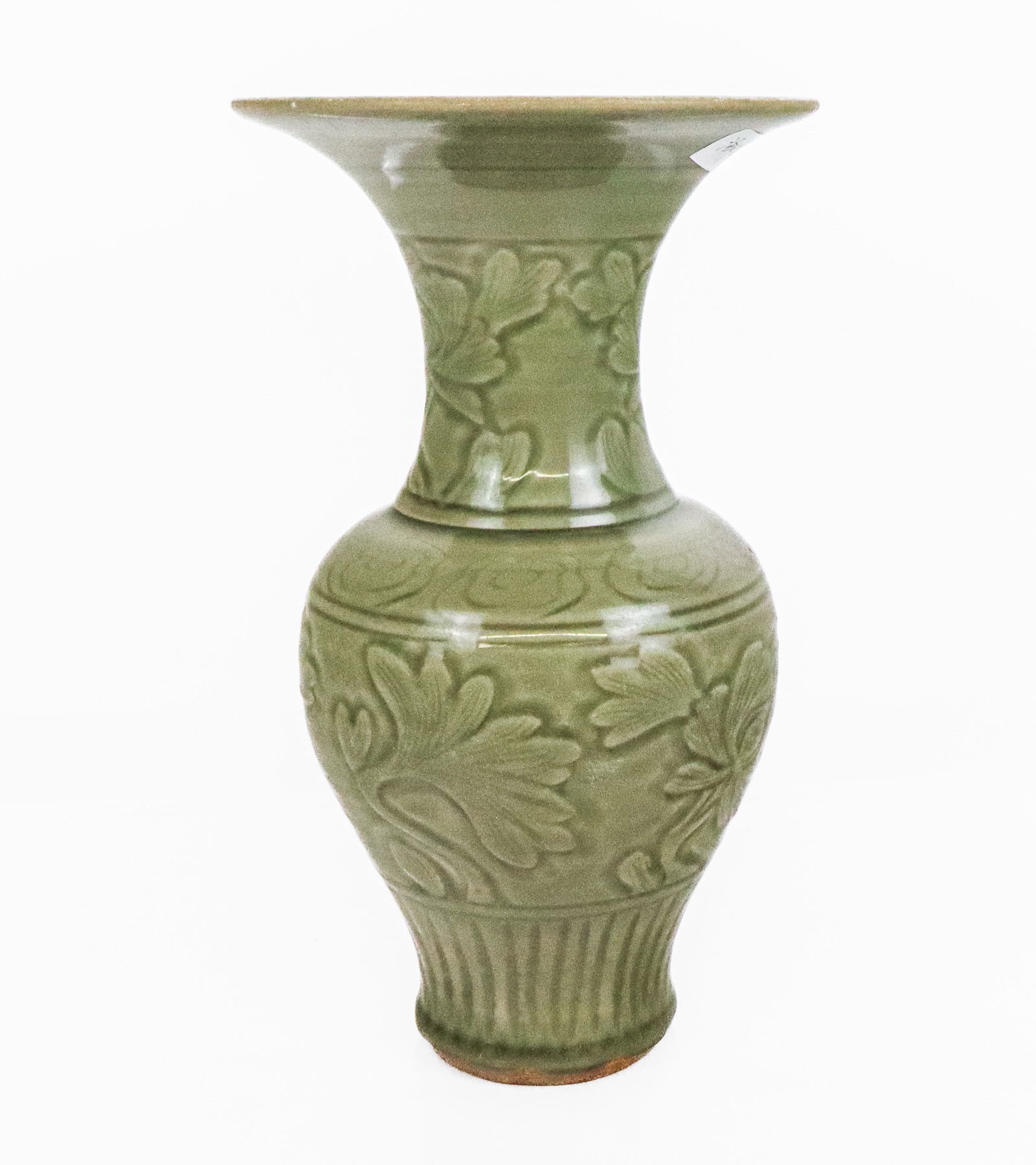 Chinese Celadon Vase: Chinese celadon vase, 20th century, with impressed foliate decoration, unmarked. [12" H x 7" Diameter]. Condition is good with some surface level scratching.