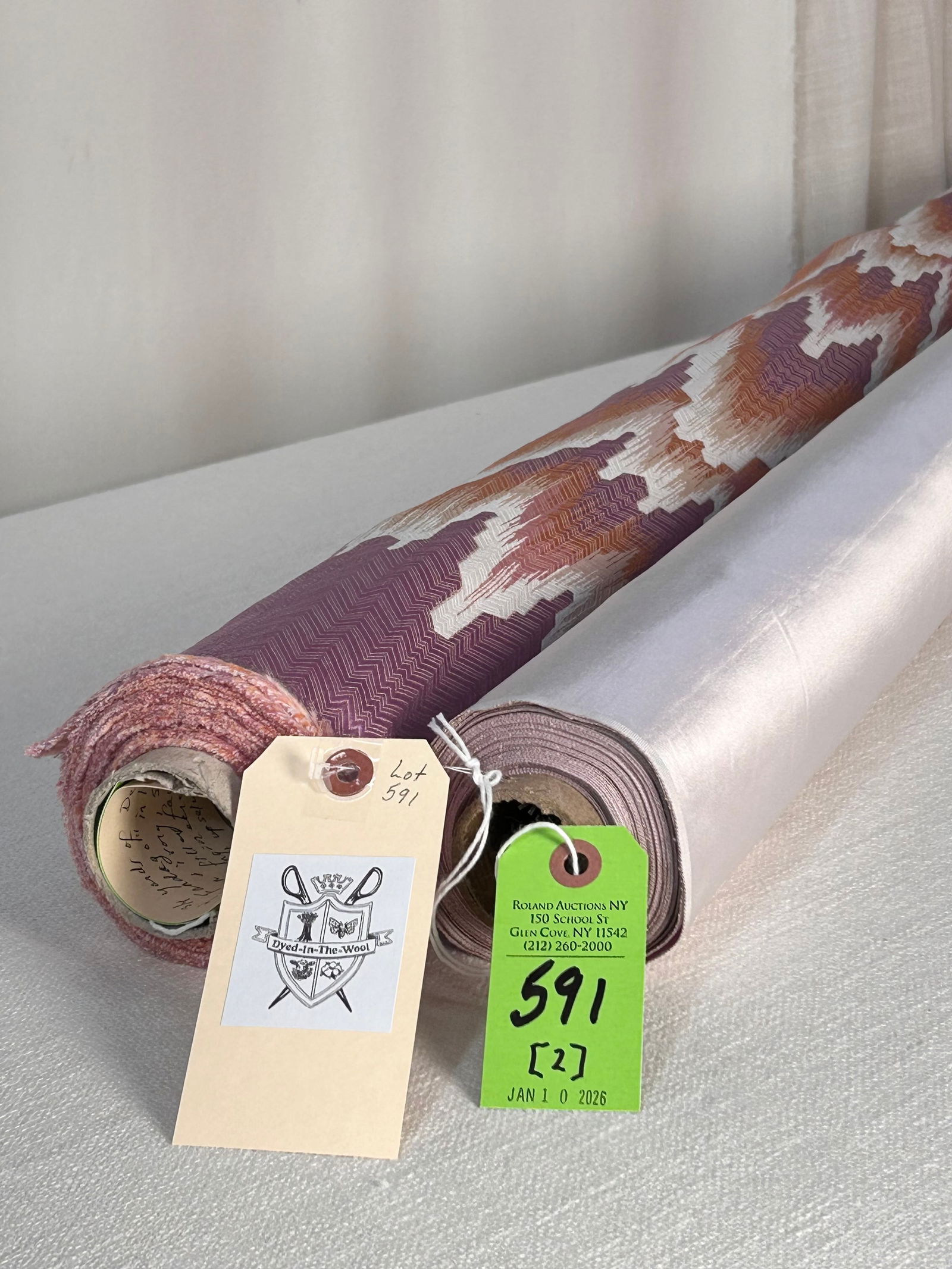 Brunschwig & Fils Satin And Dedar Bargello Fabric: 1) 13 1/4 yards of Brunschwig & Fils' "Latour Satin" in colorway "Iris", 50 1/2" wide. The silk and cotton light lavender multi-purpose warp satin is best for light duty upholstery, pillows or bed han