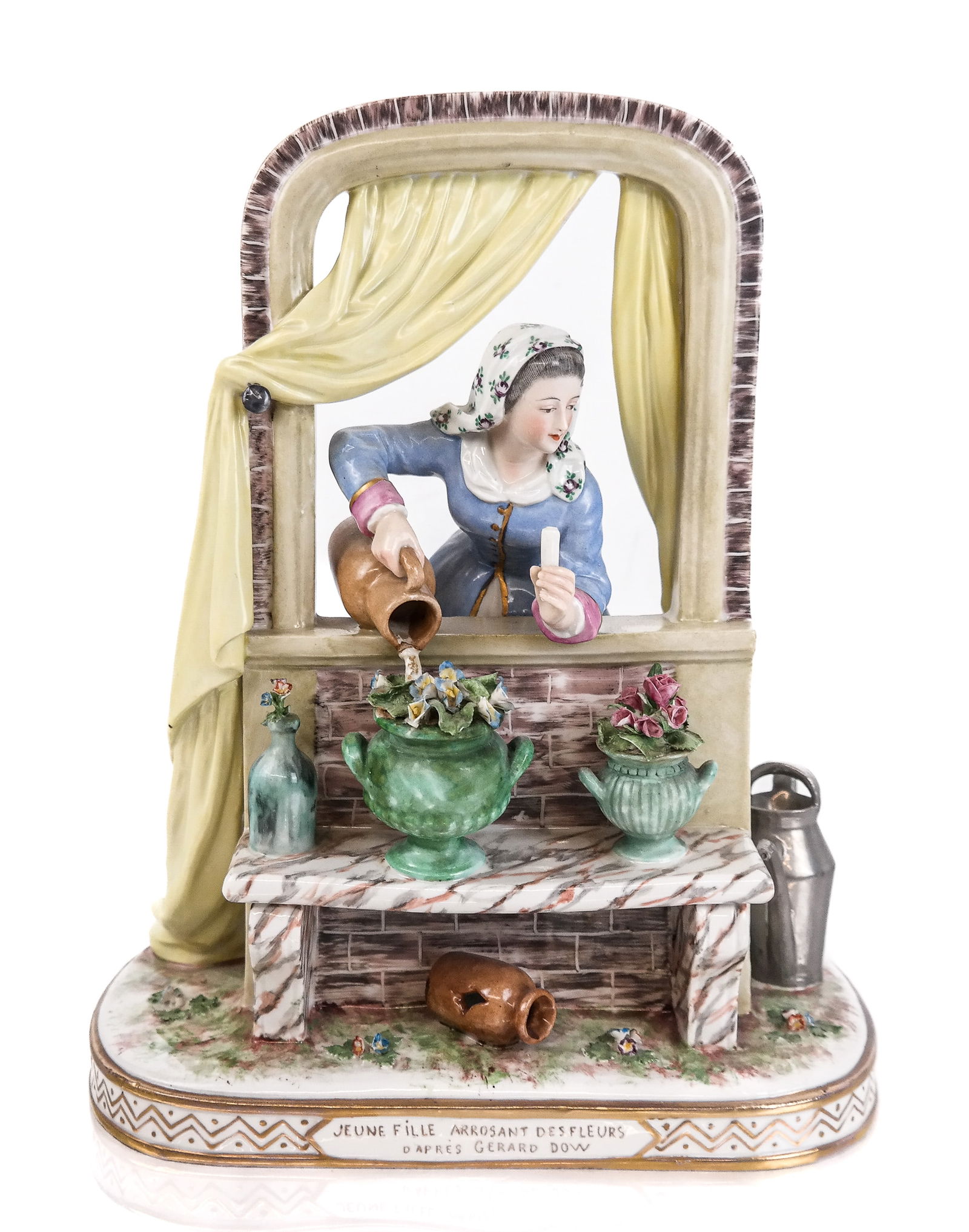 Gerard Dow "Jeune Fille" Paris Porcelain Sculpture: Gerard Dow for Anchille & Bloch Paris porcelain sculpture, French, circa 1900, titled "Jeune Fille Arrosant Desfleurs" or "Young Girl Watering Flowers" with title and attribution to front and Anchille