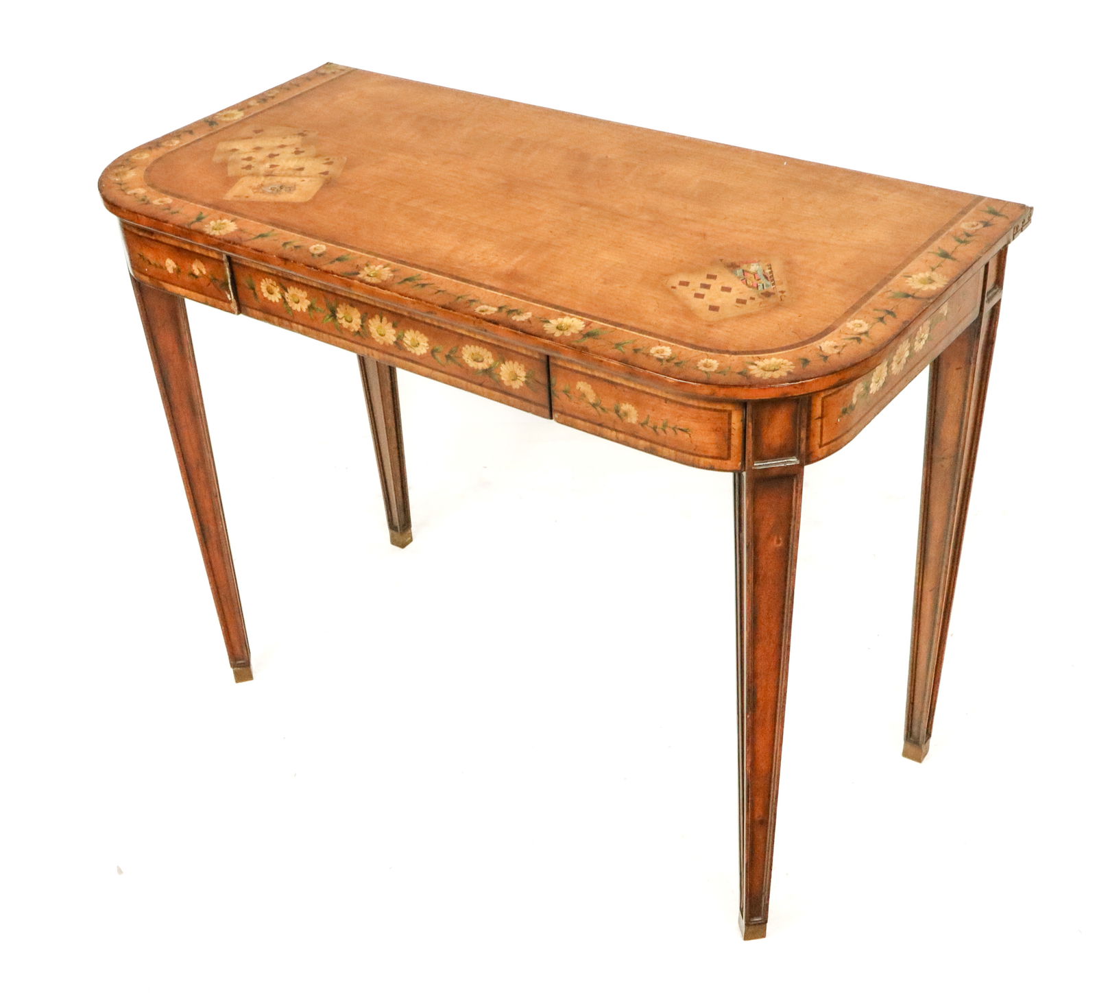 Adam Style Inlaid and Painted Mahogany Games Table: Adam Style inlaid and hand-painted mahogany games table, English, 19th century, with hand-painted daisy decoration to top, opening on a concertina hinge mounted with brass locks to reveal a daisy deco