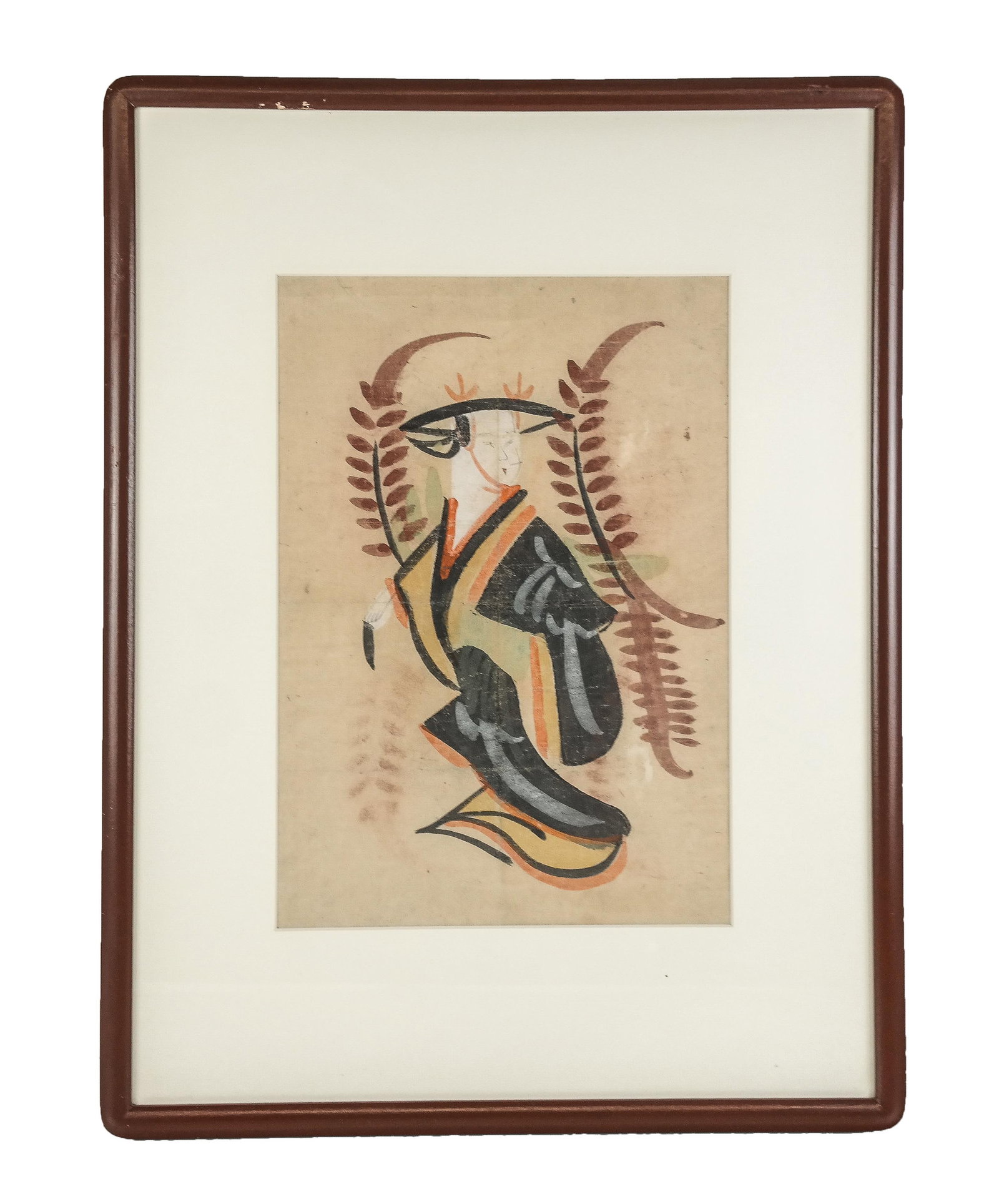 Edo Period Woodblock Print of Fuji Museme: Edo Period ukiyo-e woodblock print of Fuji Musume (Wisteria Maiden) after the Kabuki dance, unmarked. [Sight: 13" H x 9" W]. Condition is good to fair with wear, fading, bleeding, and creasing. HALLWA