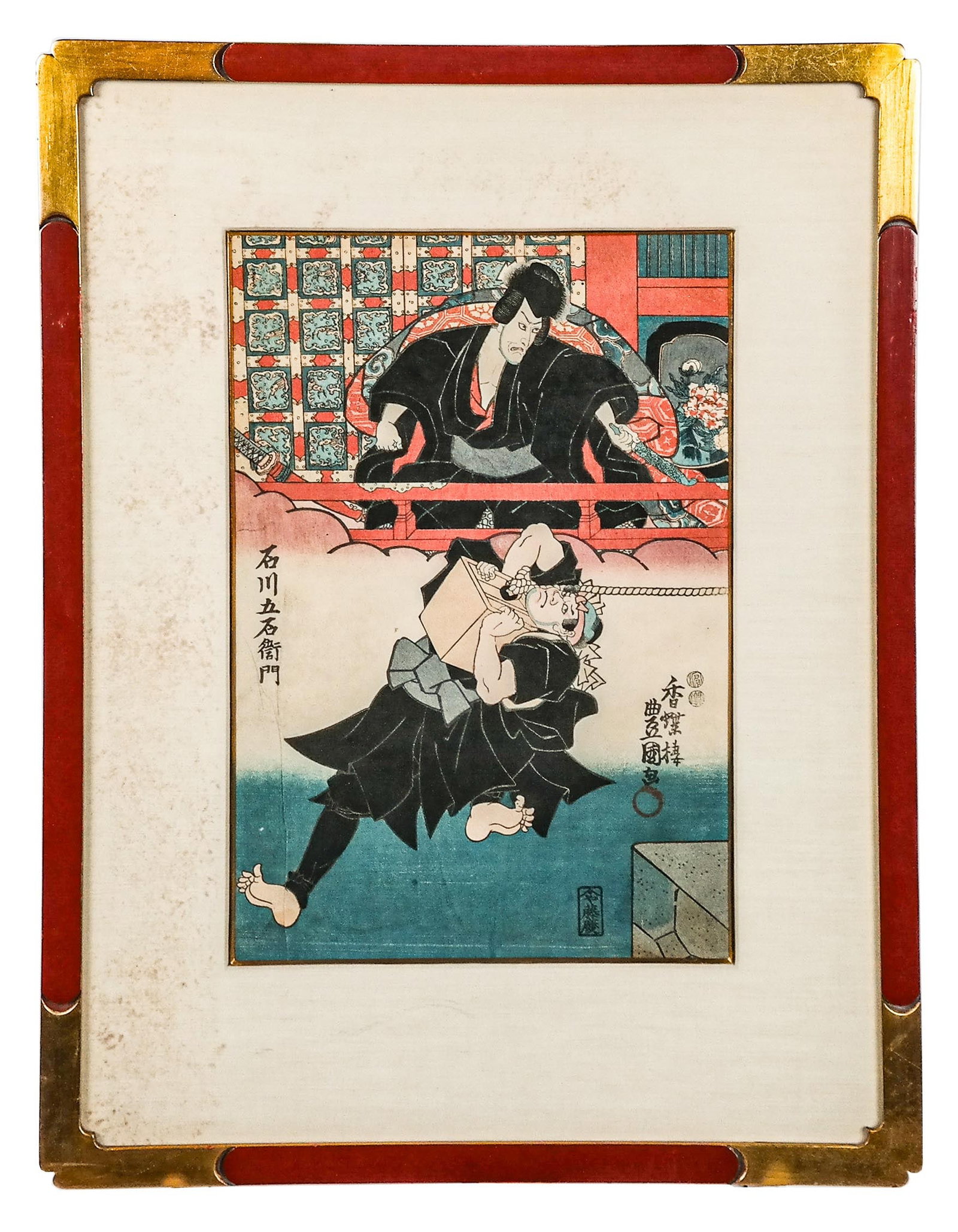 Utagawa KUNISADA, Ukiyo-E Woodblock Print: Utagawa Kunisada (Japanese, 1786-1865) Edo period ukiyo-e woodblock print with inscription and Kunisada's signature above a seal at lower right side. [Sight: 13.75" H x 9.25" W]. Condition is good wit