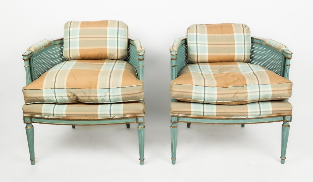 Pair of Hollywood Regency Upholstered Bergeres (1 of 8)
