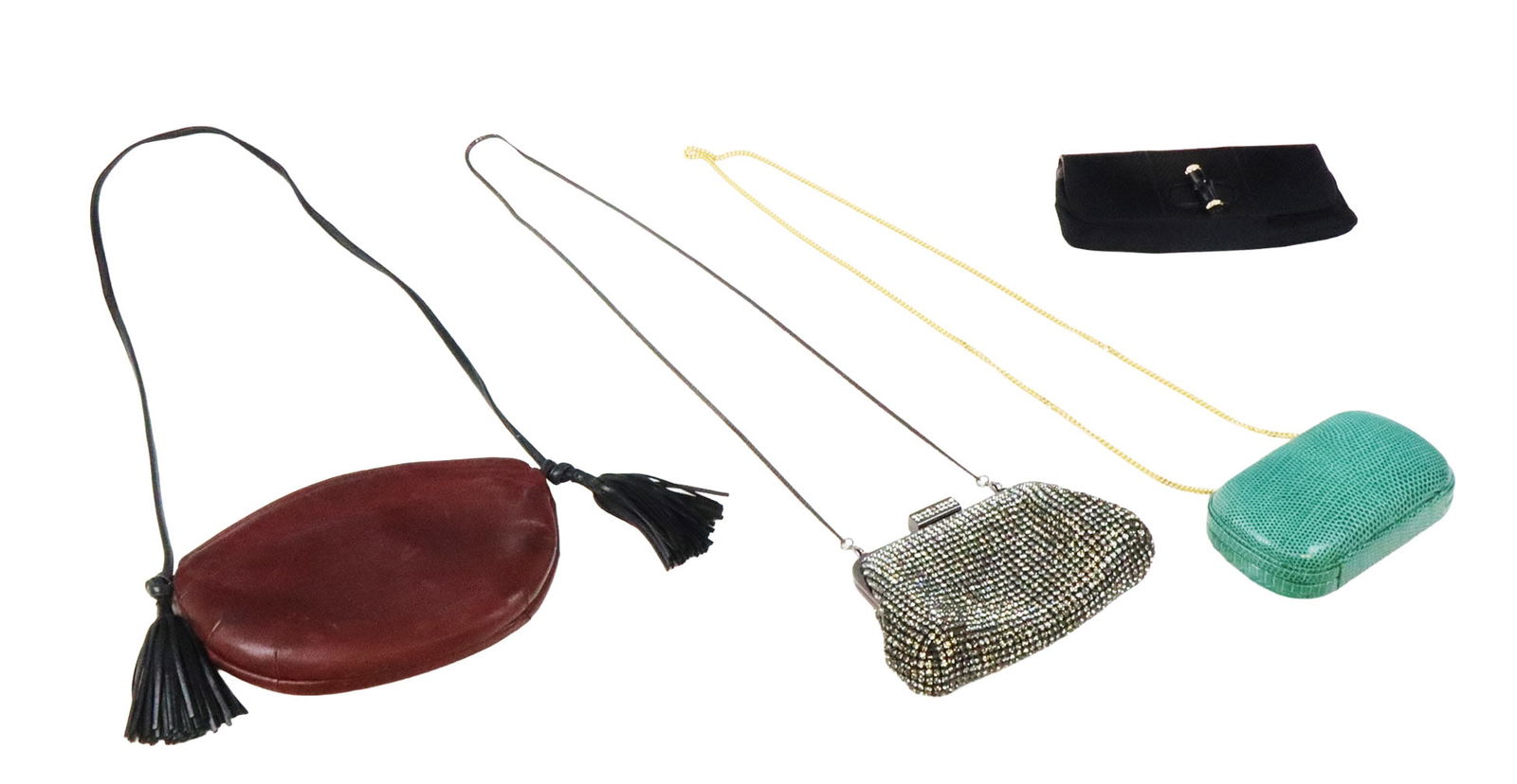 Gucci, Bally, Nina Ricci and Another Purses, 4: Purses comprising a Bally turquoise lizard skin purse with gold-tone chain, a Gucci snakeskin clutch with enameled bamboo form closure, with leather Gucci card to interior and original Gucci tag to in