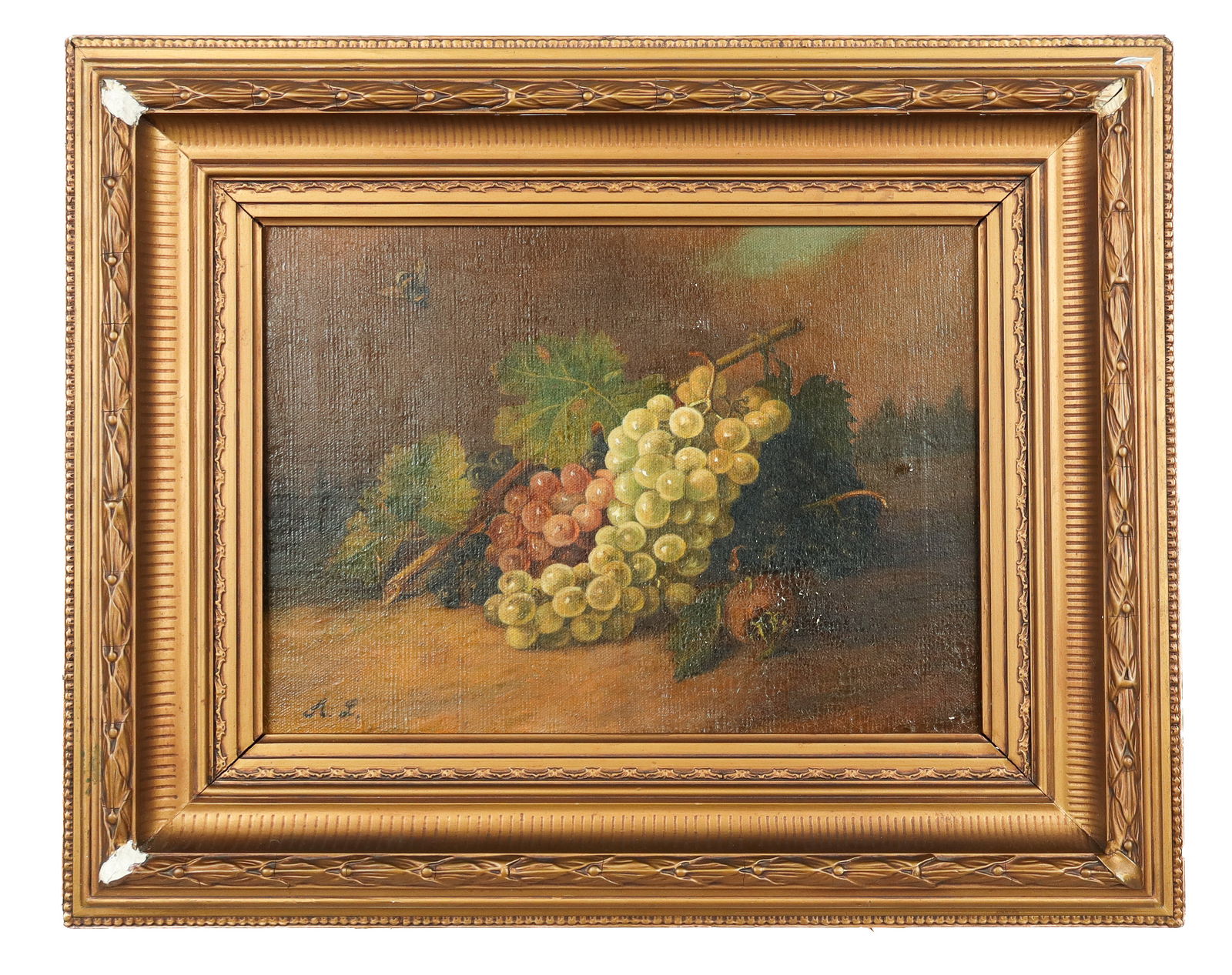 British School: Table Still Life - Oil On Canvas: British School, early 20th century, in oil on canvas, of grapes in a table still life with a bee in the upper left, signed "A.L." lower left. [Art: 11" H x 15" W; Frame: 19" H x 23" W]. Chips to paint