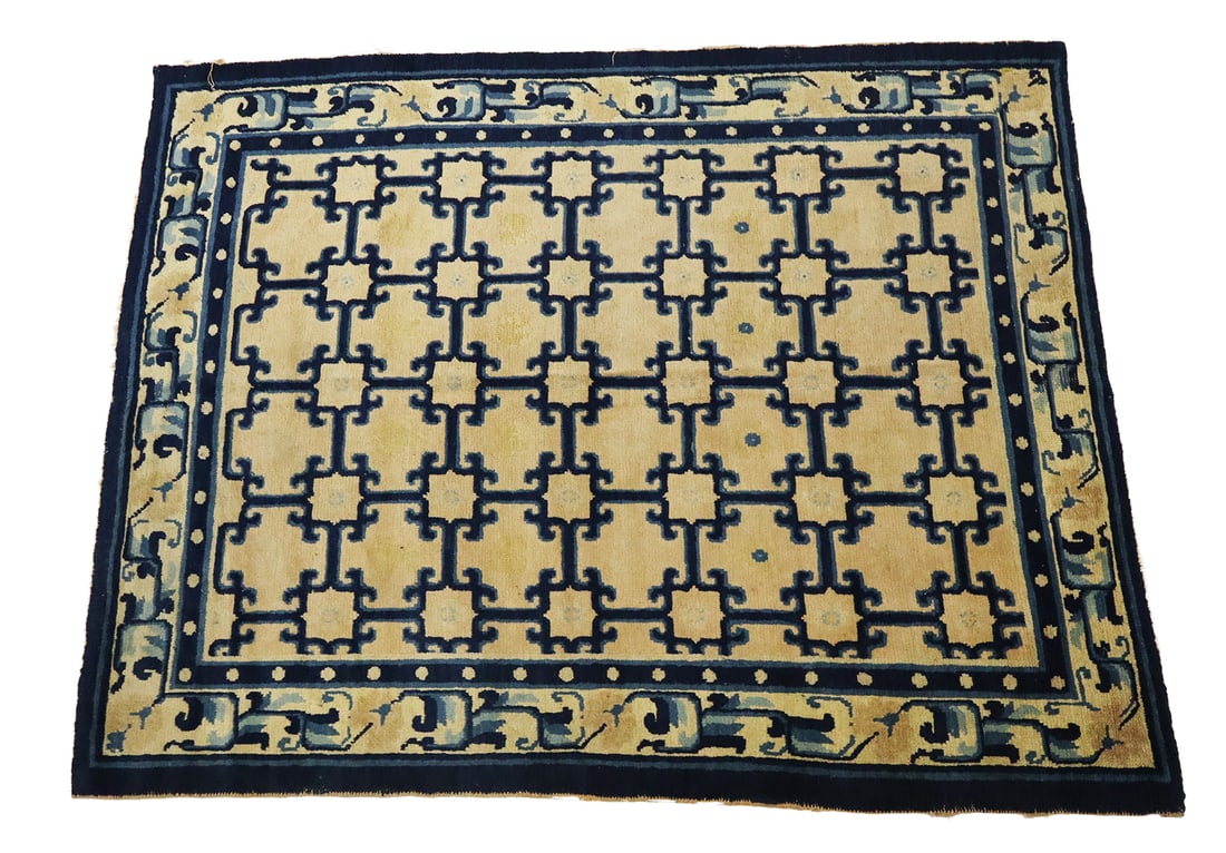 Chinese Rug: Chinese rug in blues on ivory, in fretwork design pattern. [4'9" (57") x 6' (72" )]. Very soft, with full borders.