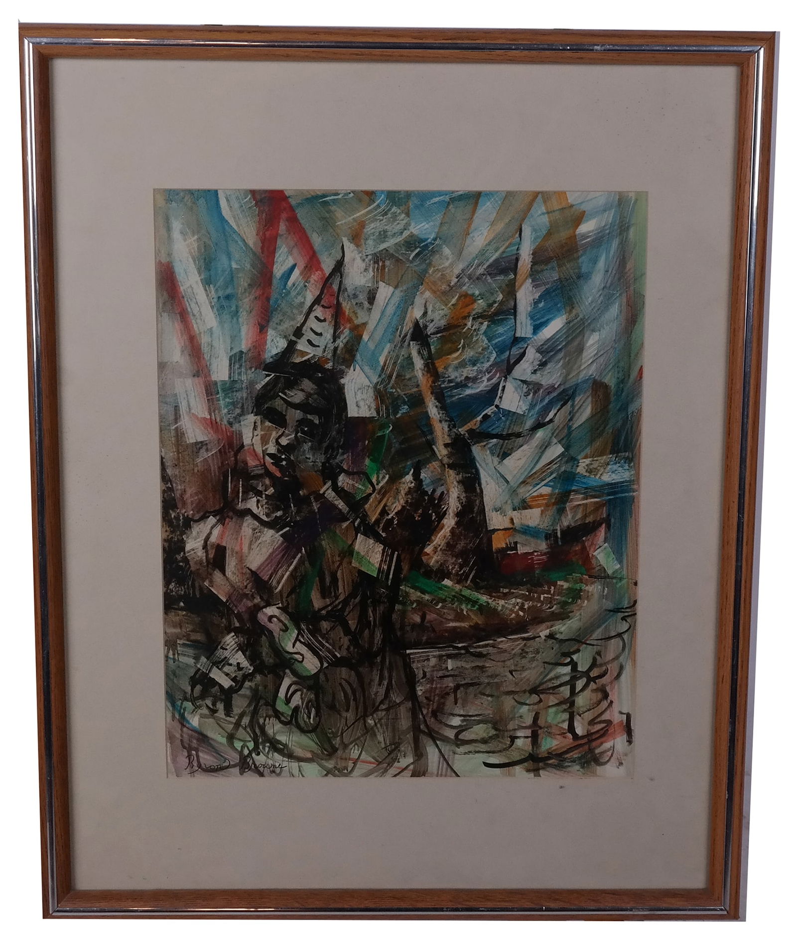 George B. BROWN: "Dynamic of City" - Mixed Media: George Byron Brown (American, 1907-1961) mixed media and collage on paper, titled "Dynamic of City" on back, depicting a colorful abstract with figure of a clown, signed lower left. [Art: 19" H x 15"