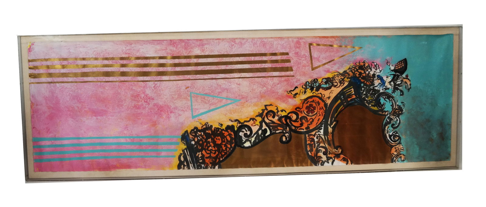 Modern Post-War Abstract Acrylic Painting: Abstract composition in acrylic on canvas mounted on linen in a clear plexiglass case, unsigned. [Overall: 28" H x 84" W x 2 1/4" D]. Canvas buckling throughout. LOCATED AT 150 MANHATTAN